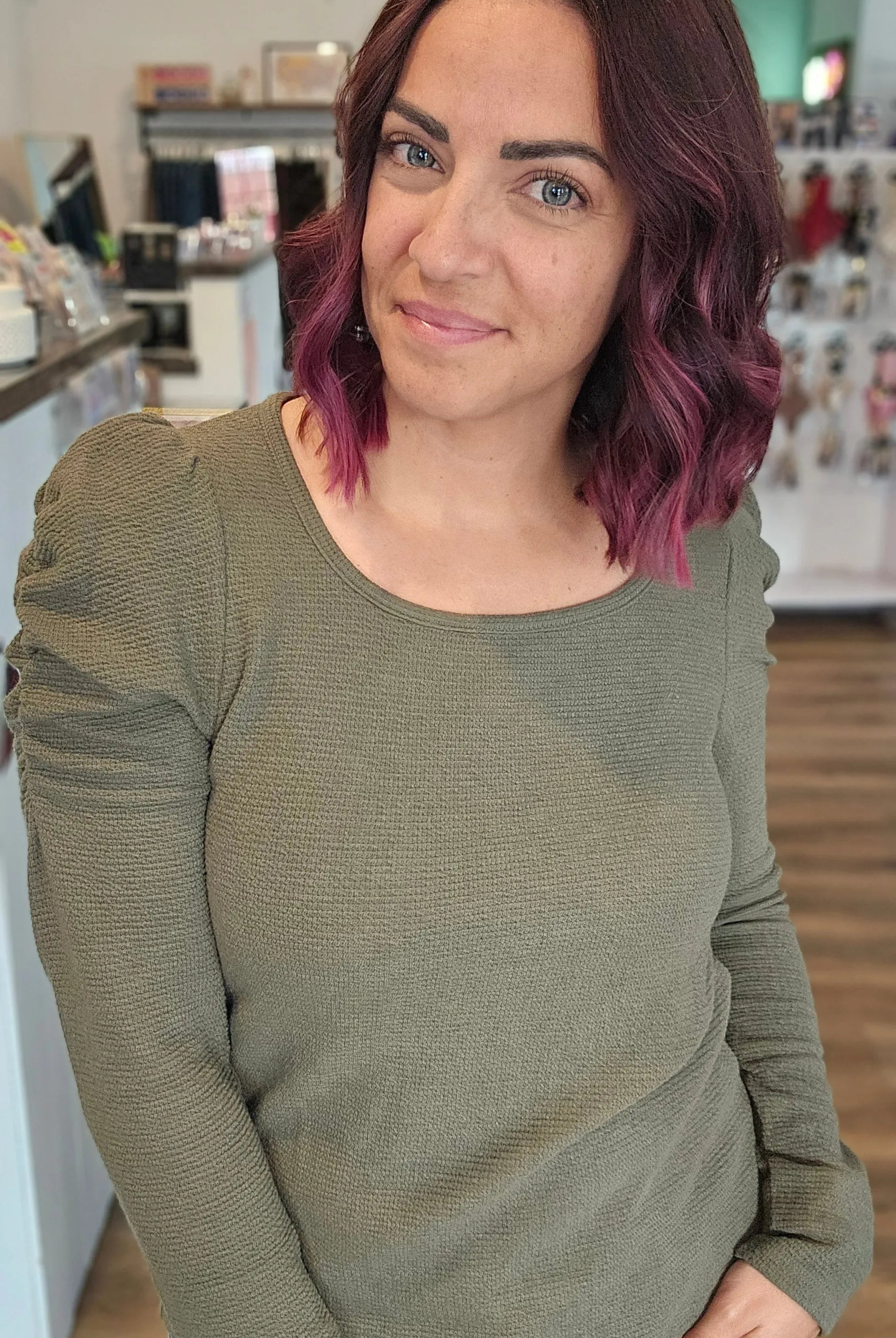 Shop Bella Scrunch Sleeve Top - Olive- at Ruby Joy Boutique, a Women's Clothing Store in Pickerington, Ohio