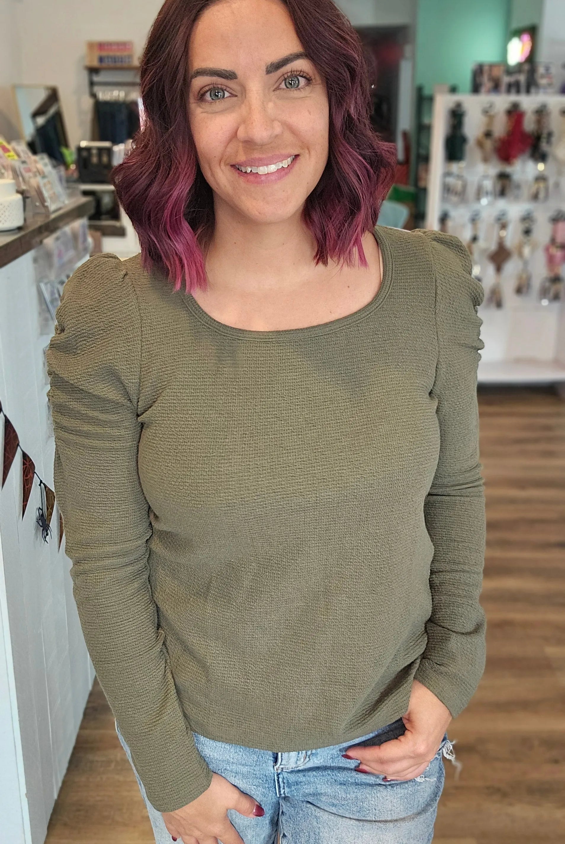 Shop Bella Scrunch Sleeve Top - Olive- at Ruby Joy Boutique, a Women's Clothing Store in Pickerington, Ohio