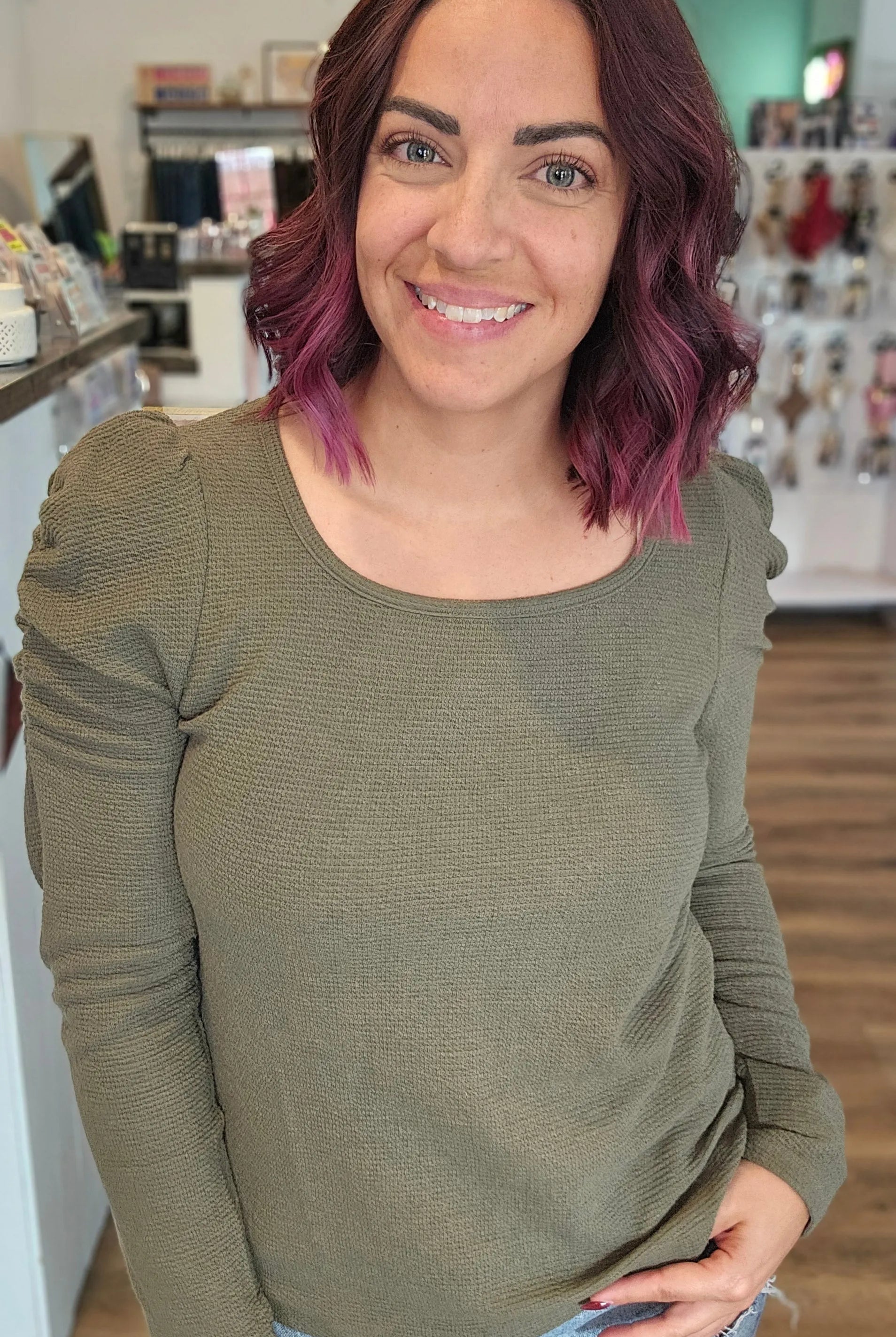 Shop Bella Scrunch Sleeve Top - Olive- at Ruby Joy Boutique, a Women's Clothing Store in Pickerington, Ohio