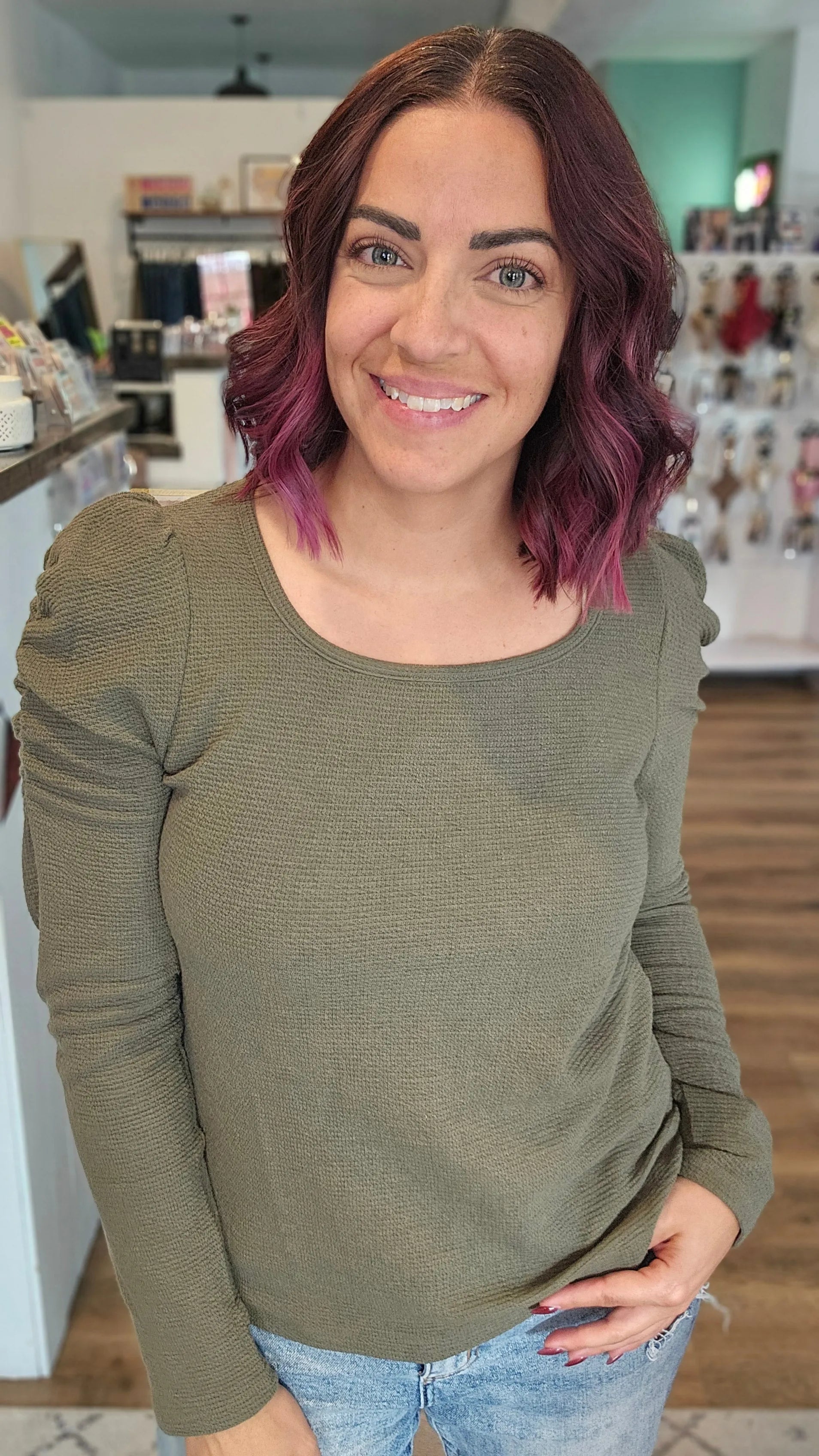 Shop Bella Scrunch Sleeve Top - Olive- at Ruby Joy Boutique, a Women's Clothing Store in Pickerington, Ohio