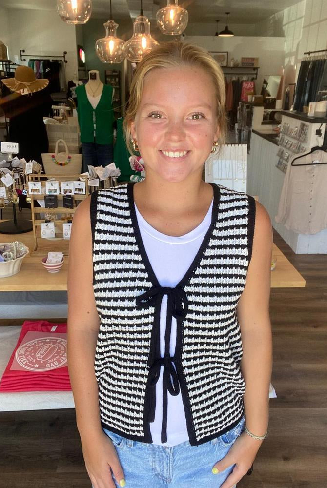 Shop Black Striped Double Tie Knit Vest- at Ruby Joy Boutique, a Women's Clothing Store in Pickerington, Ohio