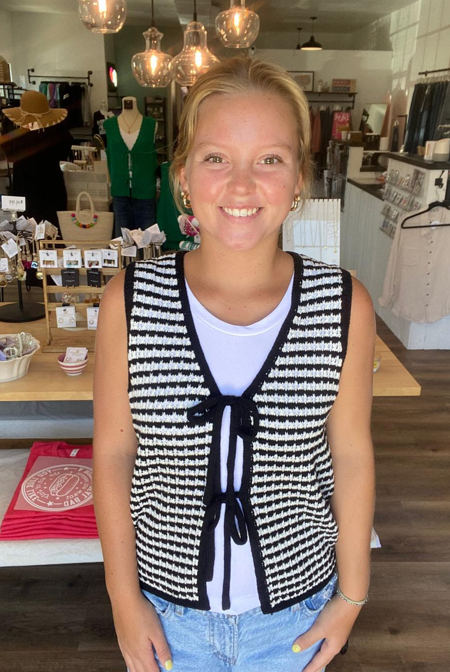 Shop Black Striped Double Tie Knit Vest- at Ruby Joy Boutique, a Women's Clothing Store in Pickerington, Ohio