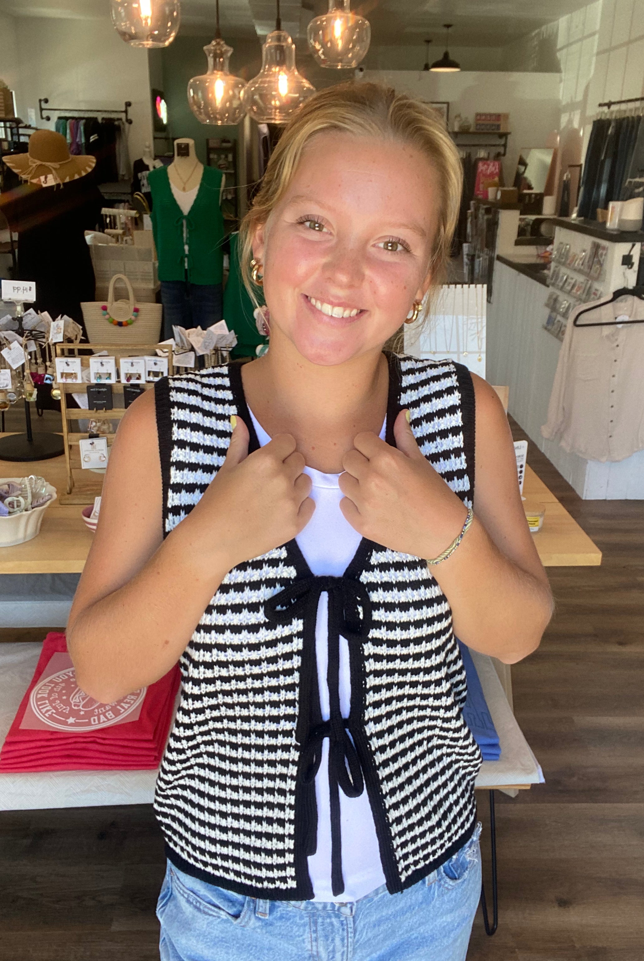 Shop Black Striped Double Tie Knit Vest- at Ruby Joy Boutique, a Women's Clothing Store in Pickerington, Ohio
