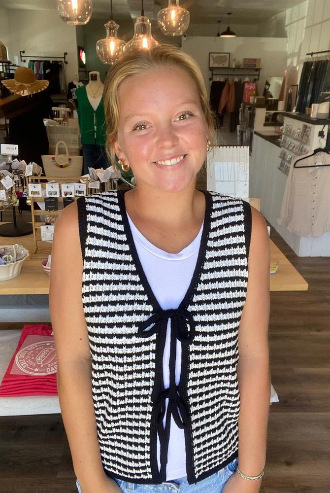 Shop Black Striped Double Tie Knit Vest- at Ruby Joy Boutique, a Women's Clothing Store in Pickerington, Ohio