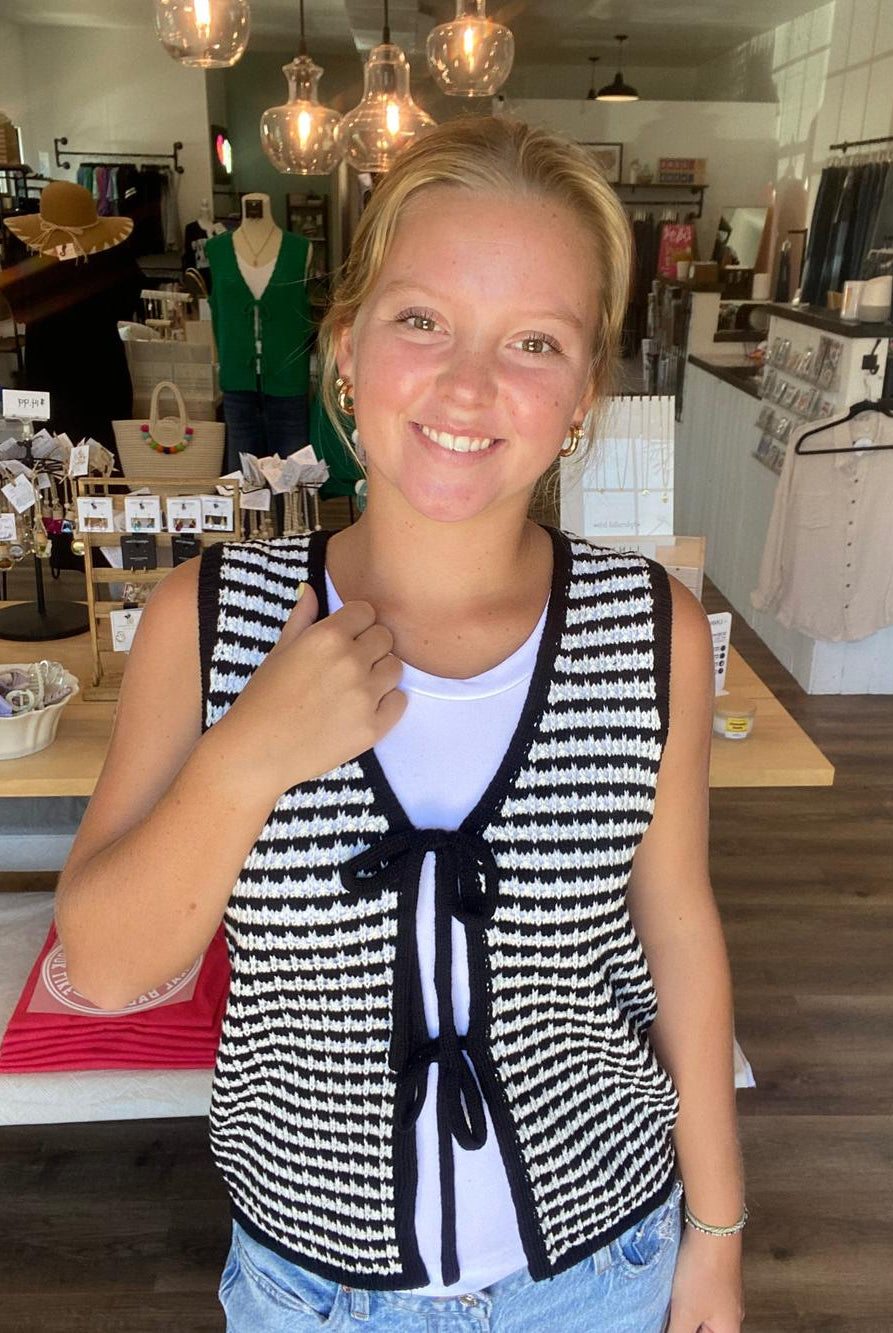 Shop Black Striped Double Tie Knit Vest- at Ruby Joy Boutique, a Women's Clothing Store in Pickerington, Ohio