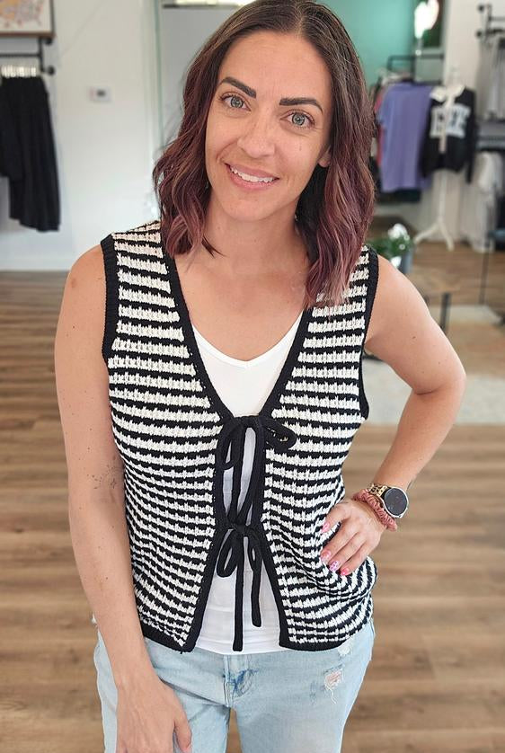 Shop Black Striped Double Tie Knit Vest- at Ruby Joy Boutique, a Women's Clothing Store in Pickerington, Ohio