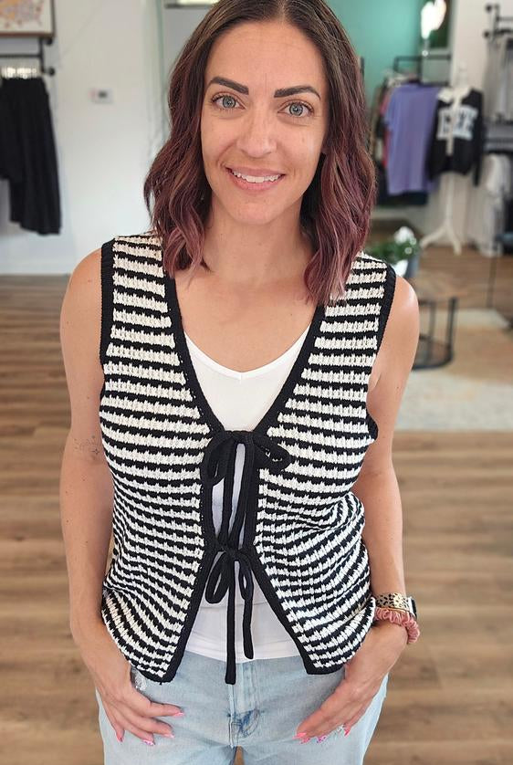 Shop Black Striped Double Tie Knit Vest- at Ruby Joy Boutique, a Women's Clothing Store in Pickerington, Ohio