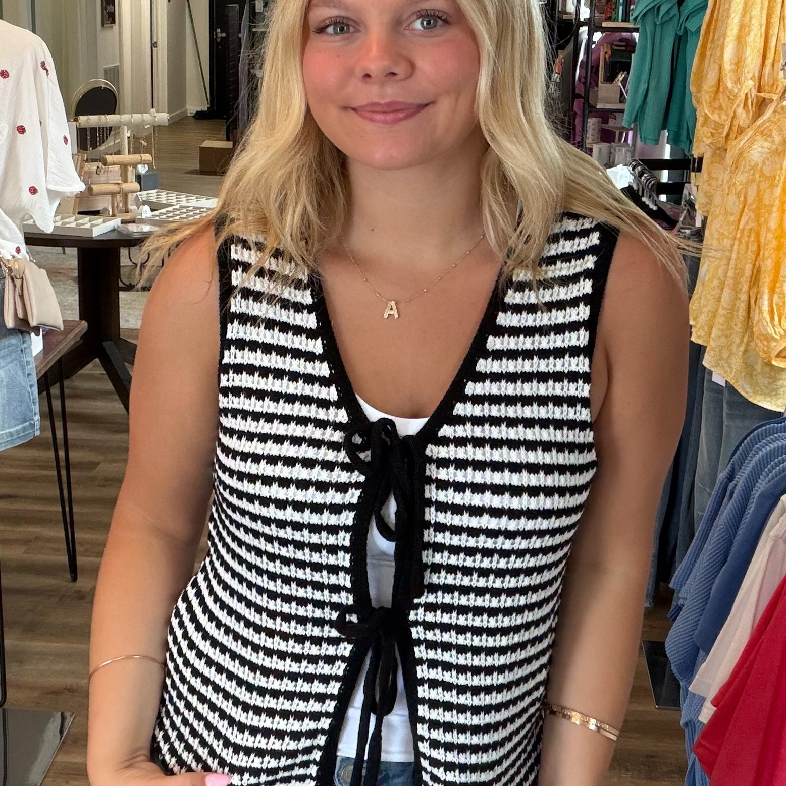 Shop Black Striped Double Tie Knit Vest- at Ruby Joy Boutique, a Women's Clothing Store in Pickerington, Ohio