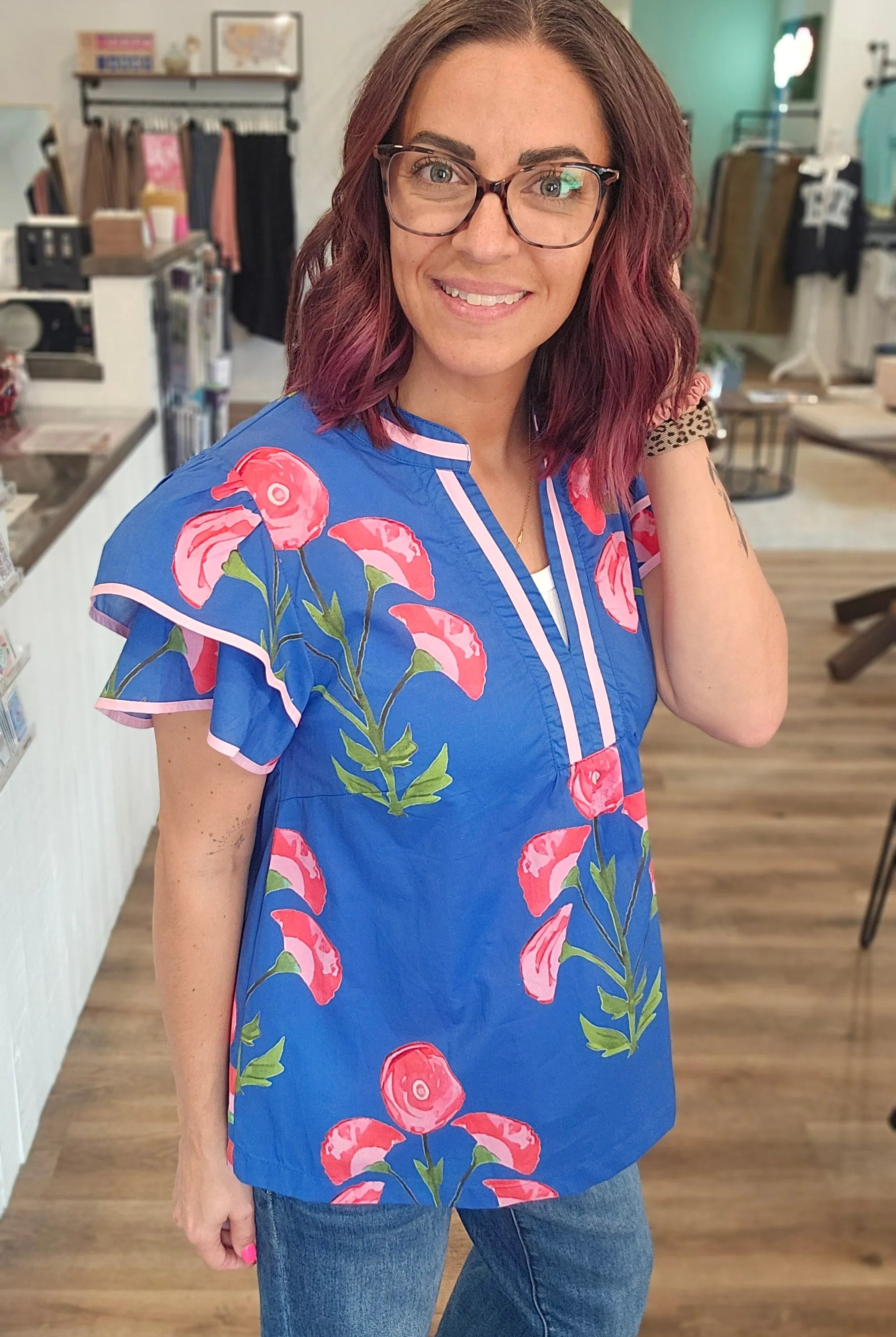 Shop Blossom Meadow Print Top- at Ruby Joy Boutique, a Women's Clothing Store in Pickerington, Ohio