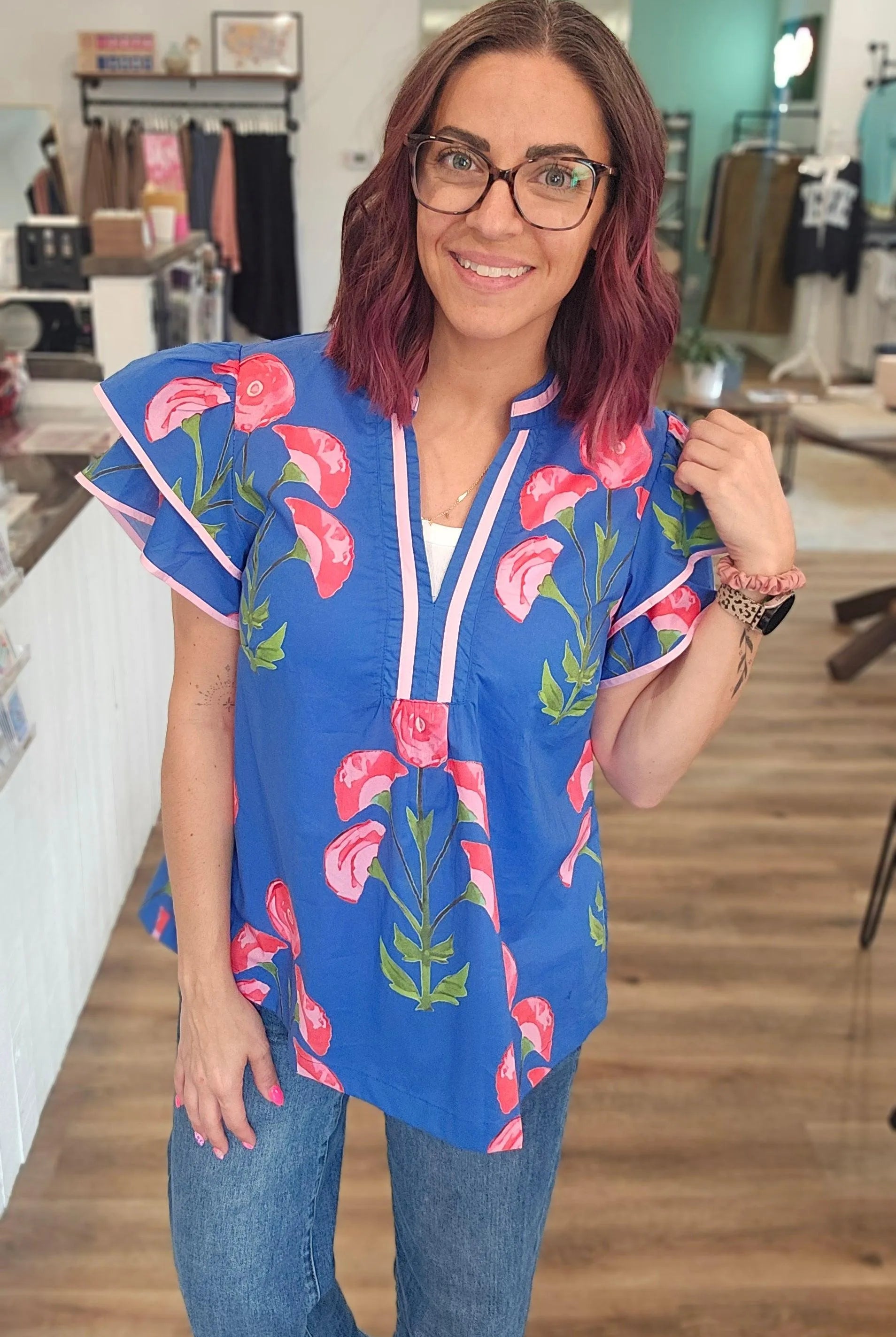 Shop Blossom Meadow Print Top- at Ruby Joy Boutique, a Women's Clothing Store in Pickerington, Ohio