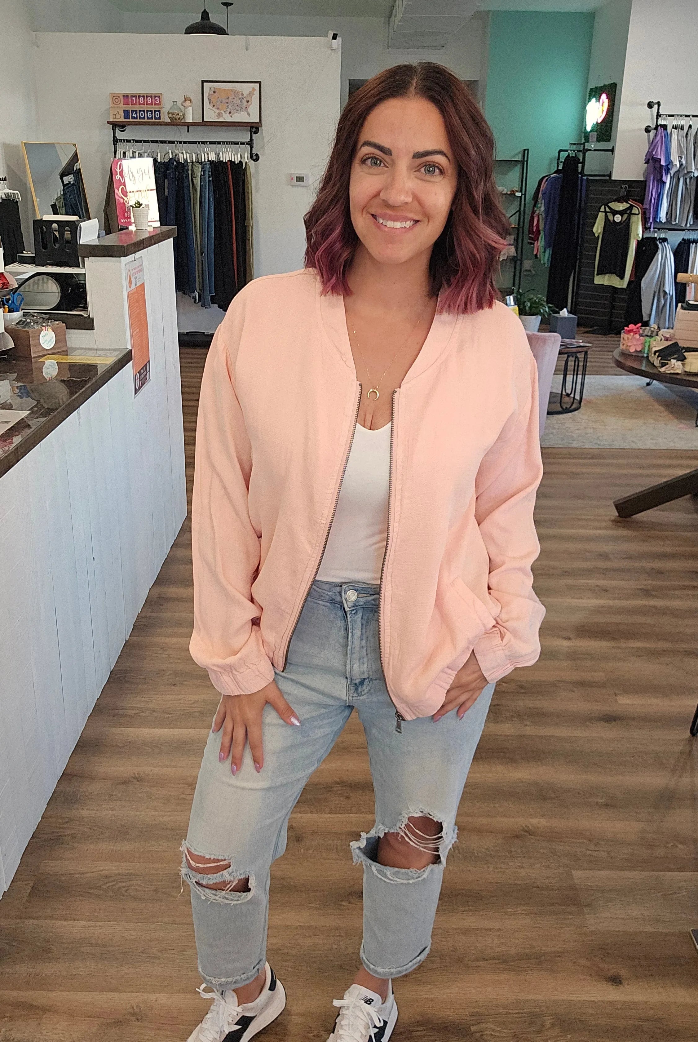 Shop Blush Baseball Jacket- at Ruby Joy Boutique, a Women's Clothing Store in Pickerington, Ohio