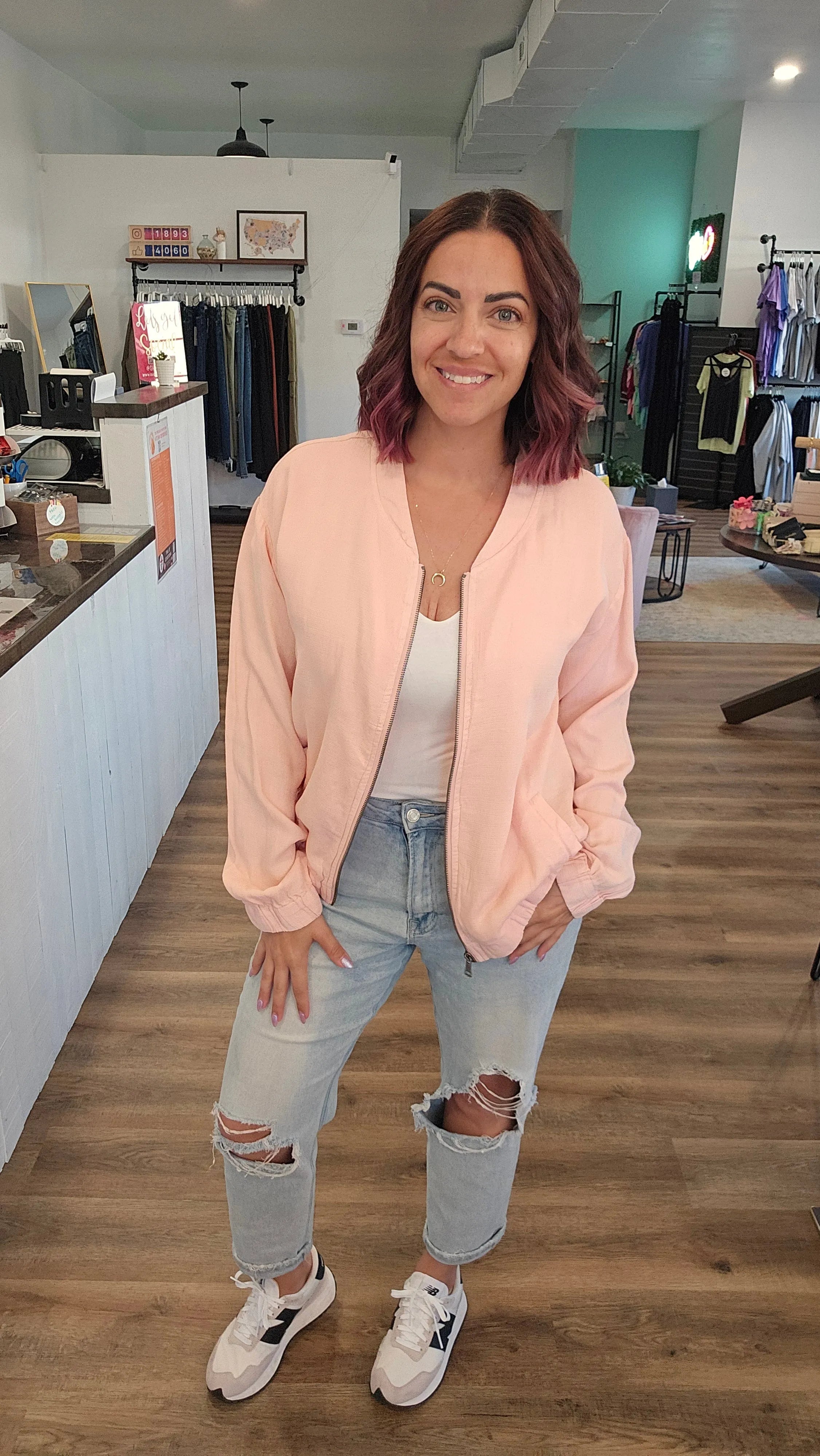 Shop Blush Baseball Jacket- at Ruby Joy Boutique, a Women's Clothing Store in Pickerington, Ohio