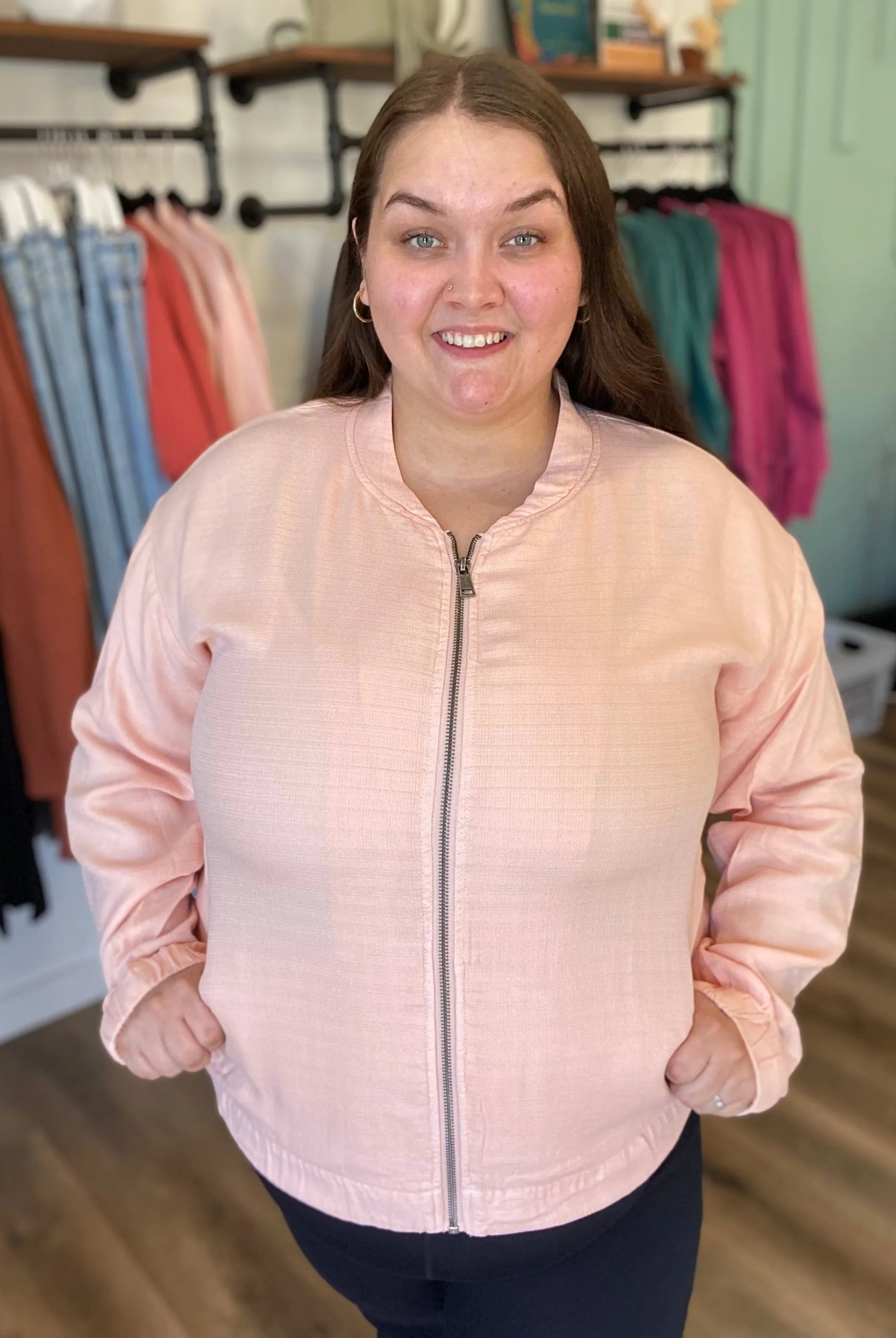 Shop Blush Baseball Jacket- at Ruby Joy Boutique, a Women's Clothing Store in Pickerington, Ohio