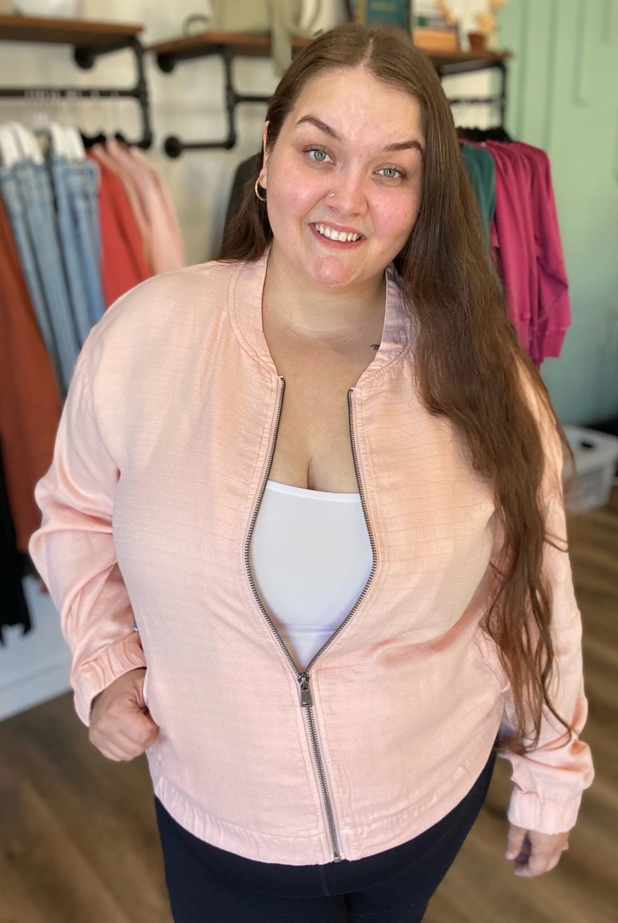 Shop Blush Baseball Jacket- at Ruby Joy Boutique, a Women's Clothing Store in Pickerington, Ohio