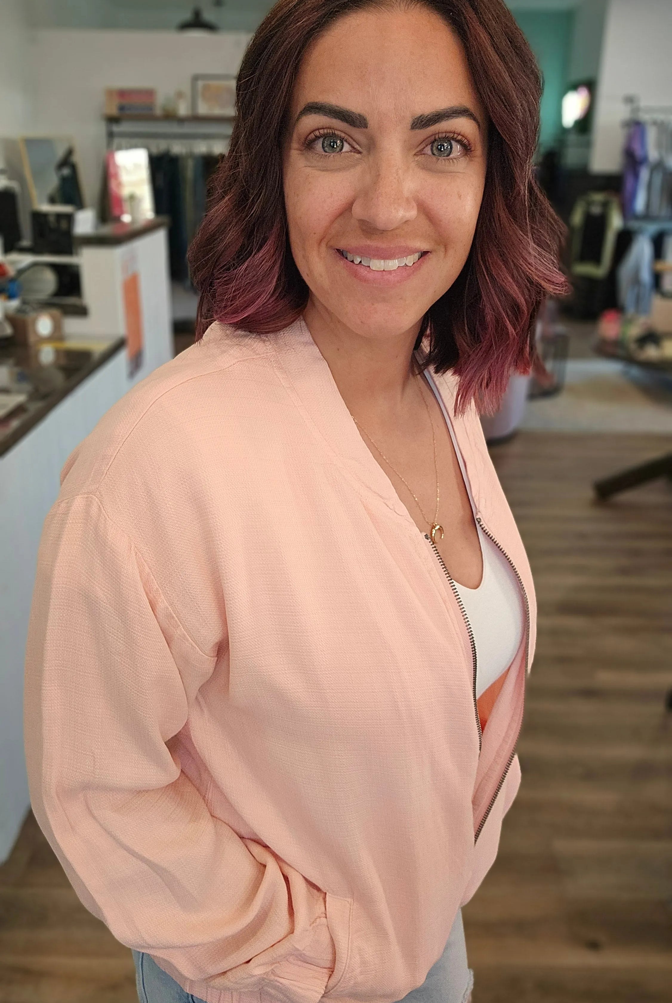 Shop Blush Baseball Jacket- at Ruby Joy Boutique, a Women's Clothing Store in Pickerington, Ohio