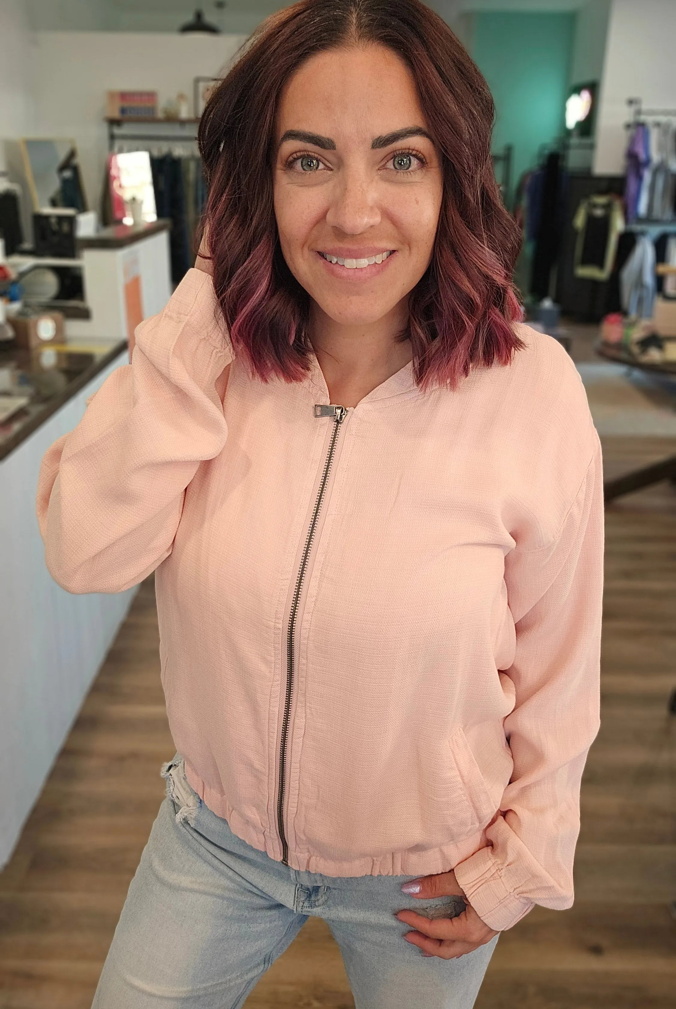 Shop Blush Baseball Jacket- at Ruby Joy Boutique, a Women's Clothing Store in Pickerington, Ohio
