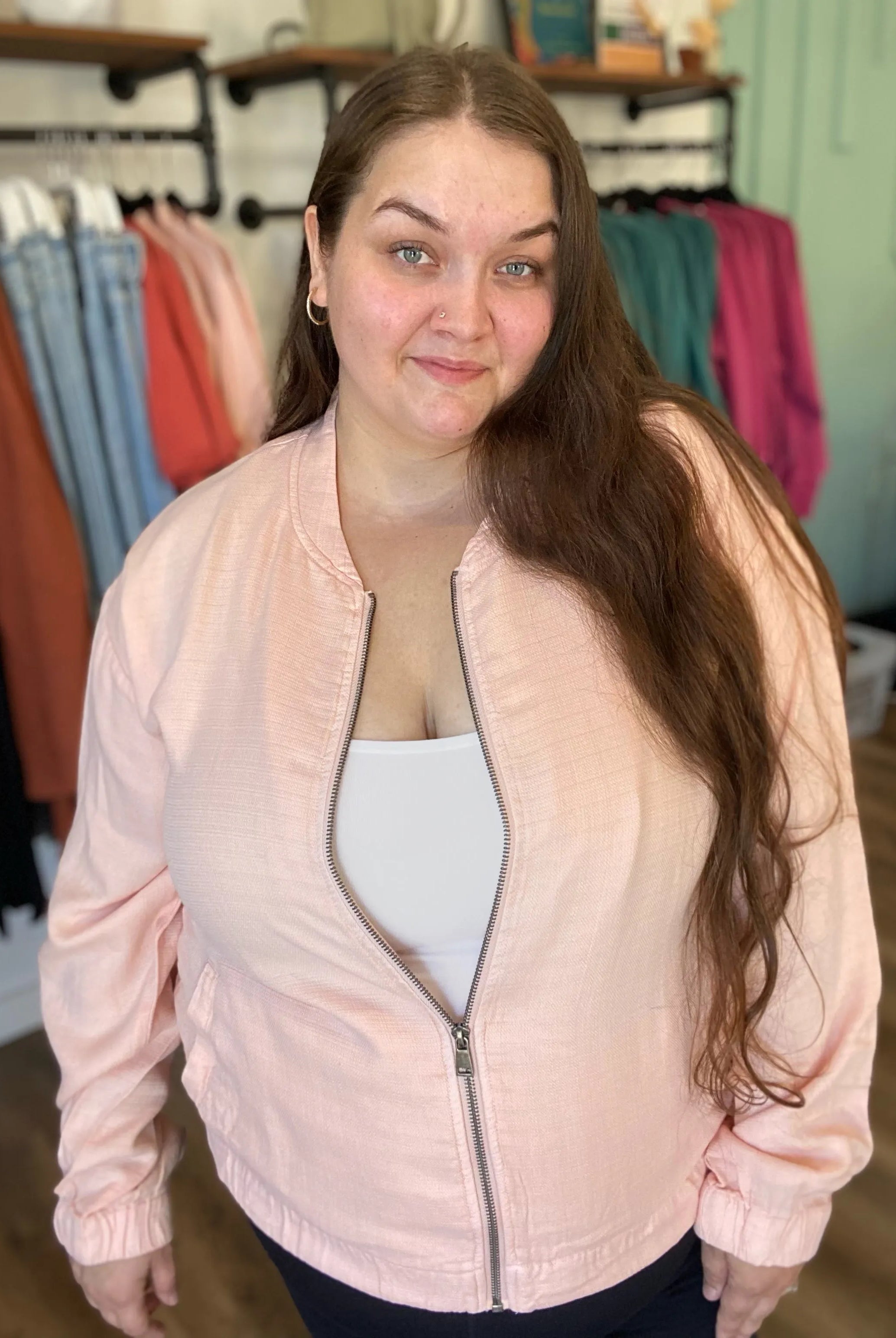 Shop Blush Baseball Jacket- at Ruby Joy Boutique, a Women's Clothing Store in Pickerington, Ohio