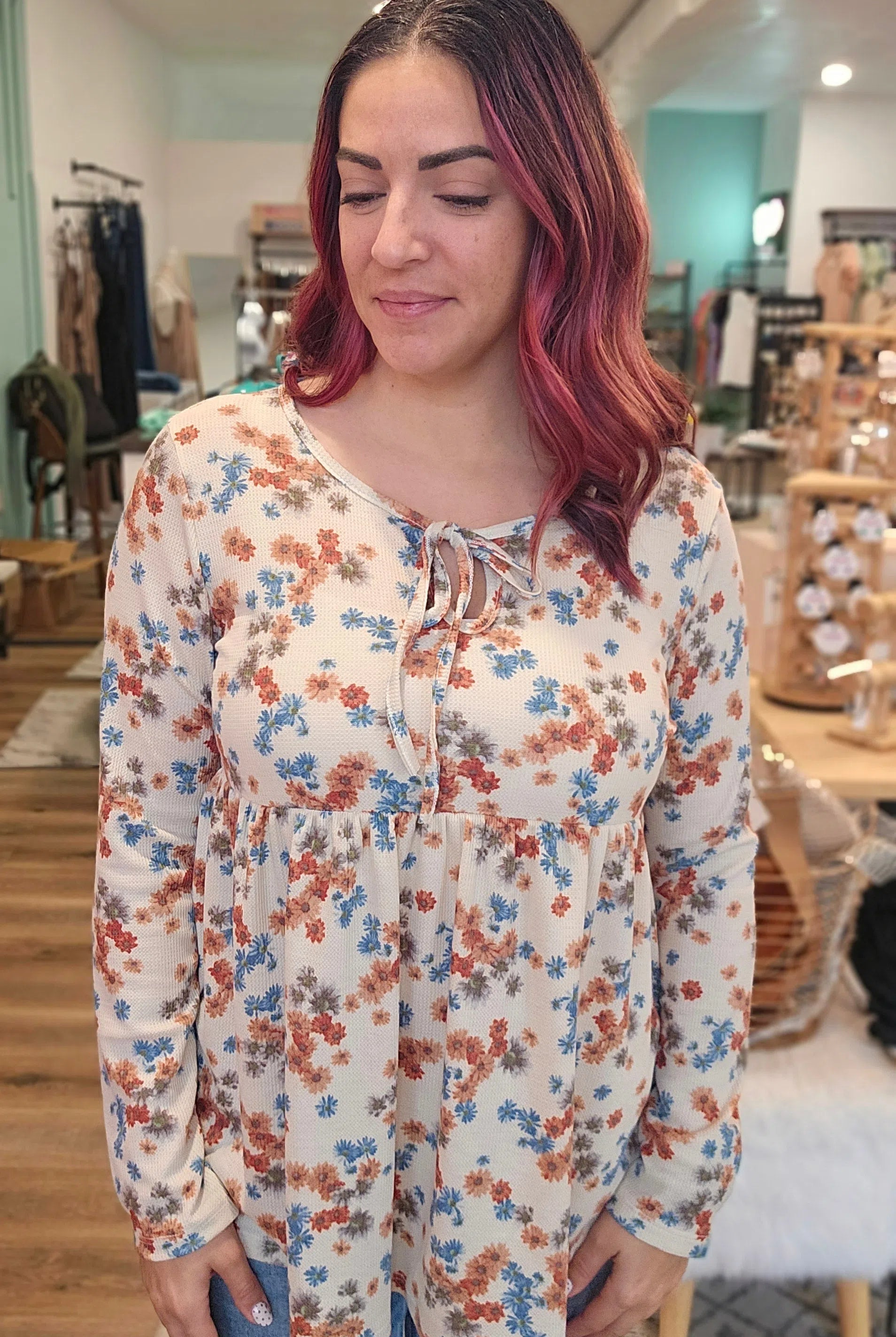 Shop Boho Floral Thermal Top-Long Sleeve Top at Ruby Joy Boutique, a Women's Clothing Store in Pickerington, Ohio