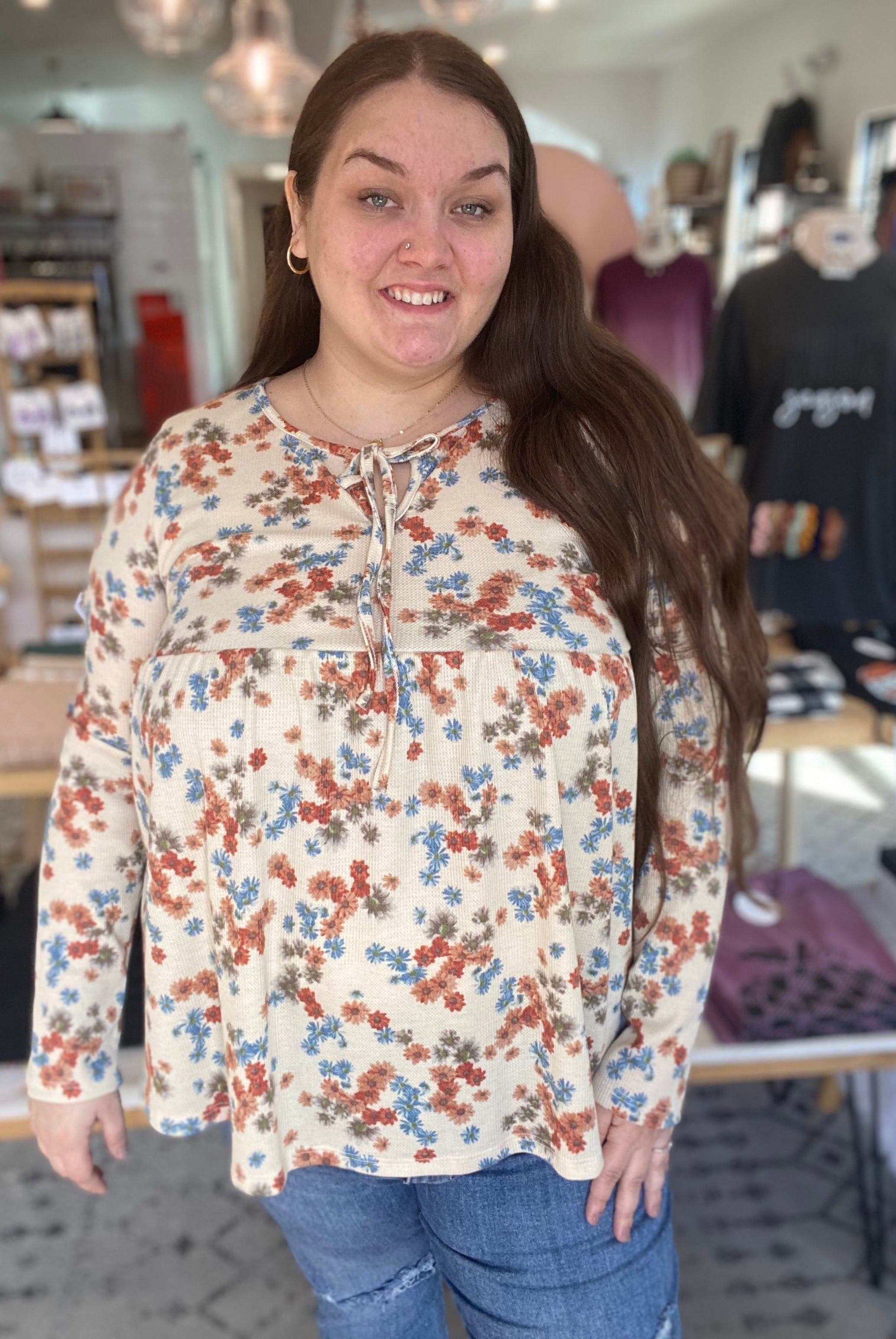 Shop Boho Floral Thermal Top-Long Sleeve Top at Ruby Joy Boutique, a Women's Clothing Store in Pickerington, Ohio