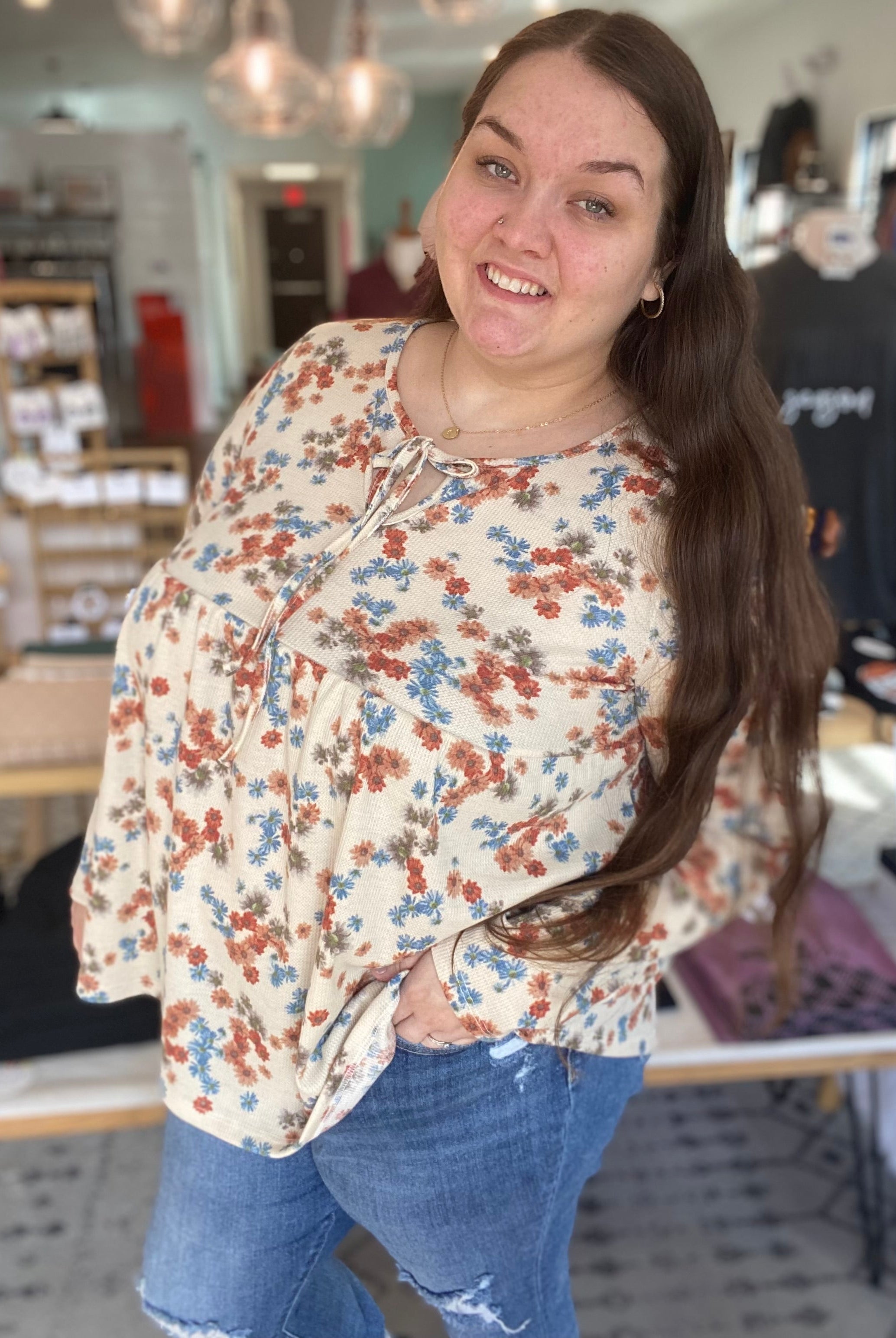 Shop Boho Floral Thermal Top-Long Sleeve Top at Ruby Joy Boutique, a Women's Clothing Store in Pickerington, Ohio
