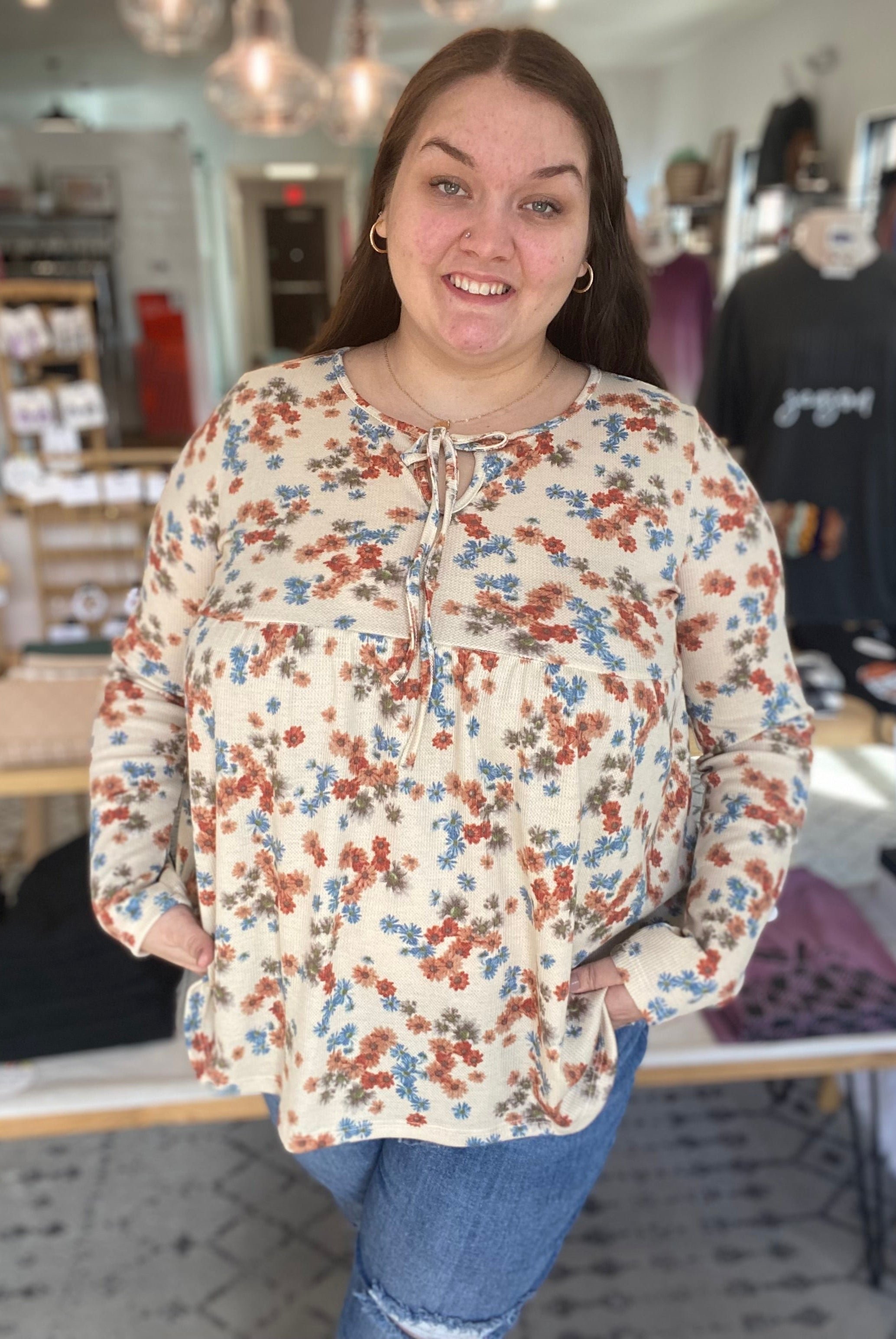 Shop Boho Floral Thermal Top-Long Sleeve Top at Ruby Joy Boutique, a Women's Clothing Store in Pickerington, Ohio