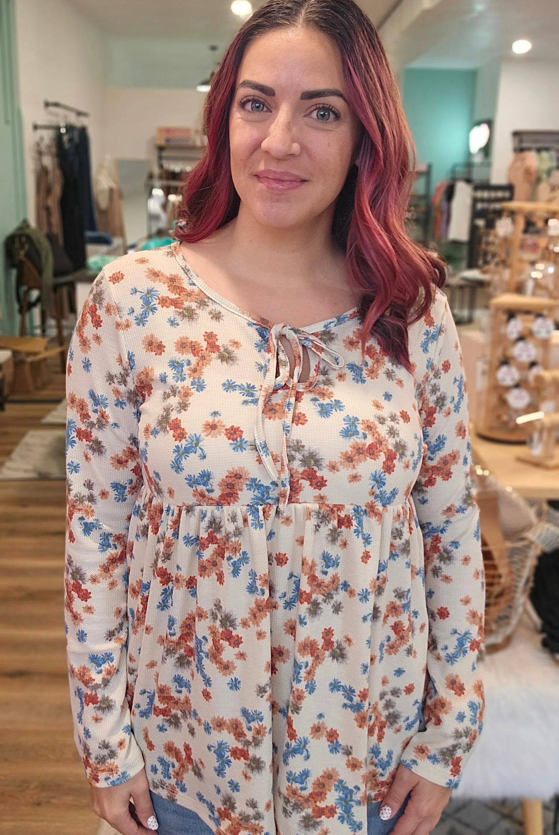 Shop Boho Floral Thermal Top-Long Sleeve Top at Ruby Joy Boutique, a Women's Clothing Store in Pickerington, Ohio