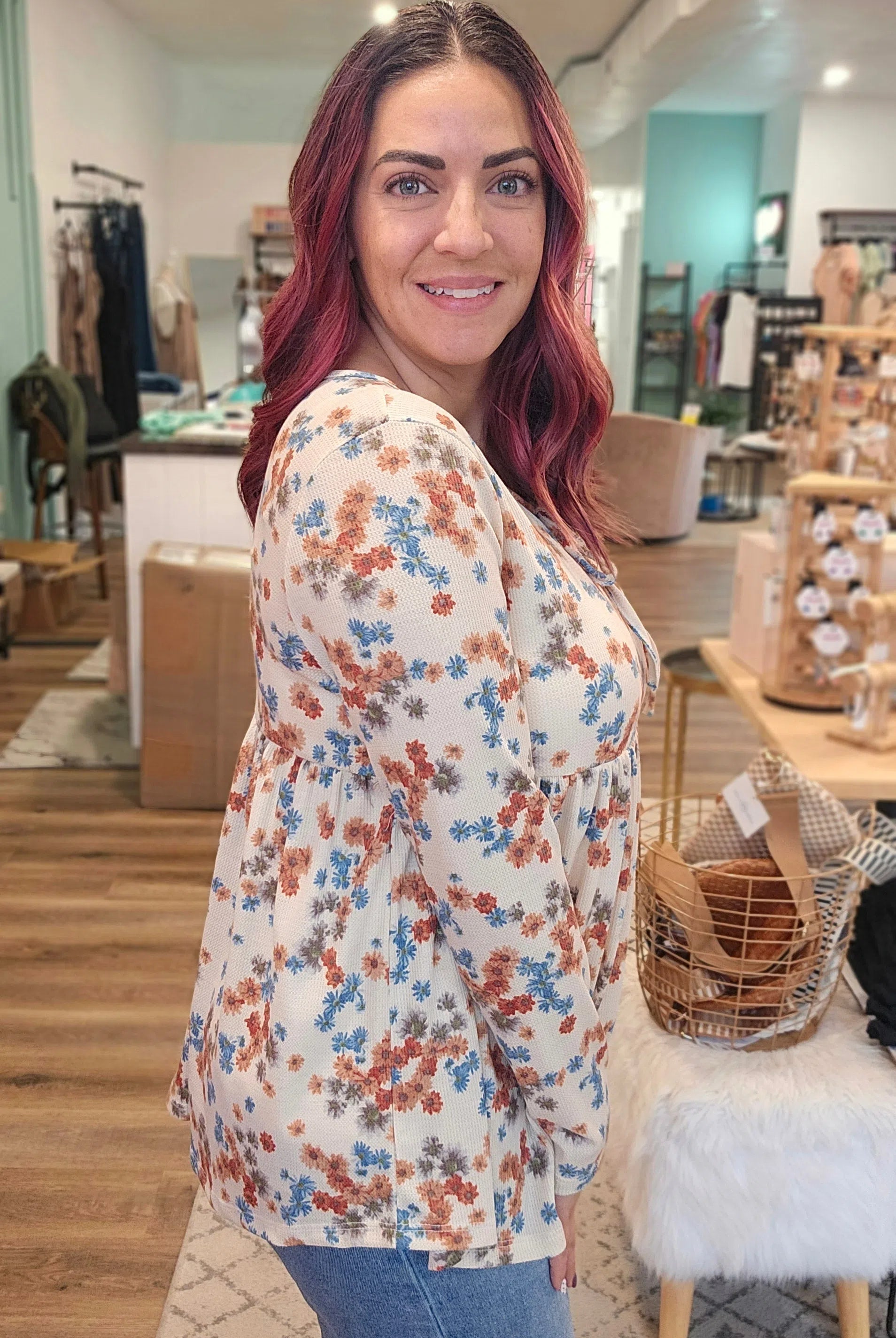 Shop Boho Floral Thermal Top-Long Sleeve Top at Ruby Joy Boutique, a Women's Clothing Store in Pickerington, Ohio