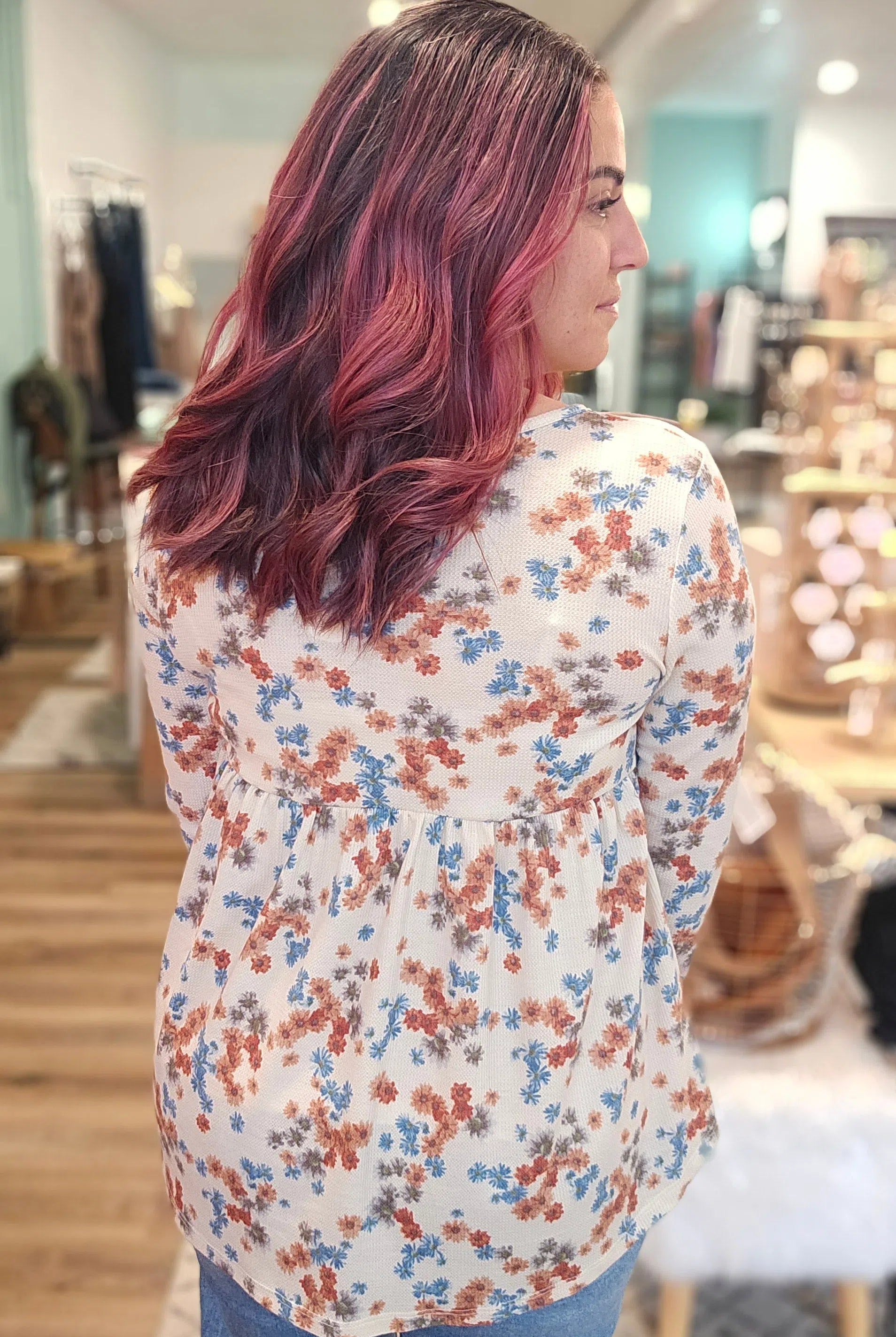 Shop Boho Floral Thermal Top-Long Sleeve Top at Ruby Joy Boutique, a Women's Clothing Store in Pickerington, Ohio