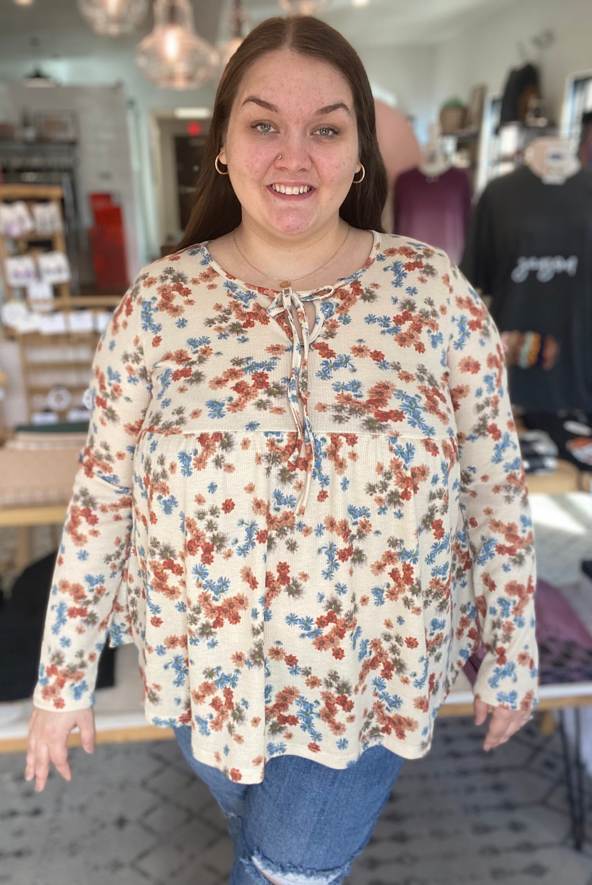 Shop Boho Floral Thermal Top-Long Sleeve Top at Ruby Joy Boutique, a Women's Clothing Store in Pickerington, Ohio