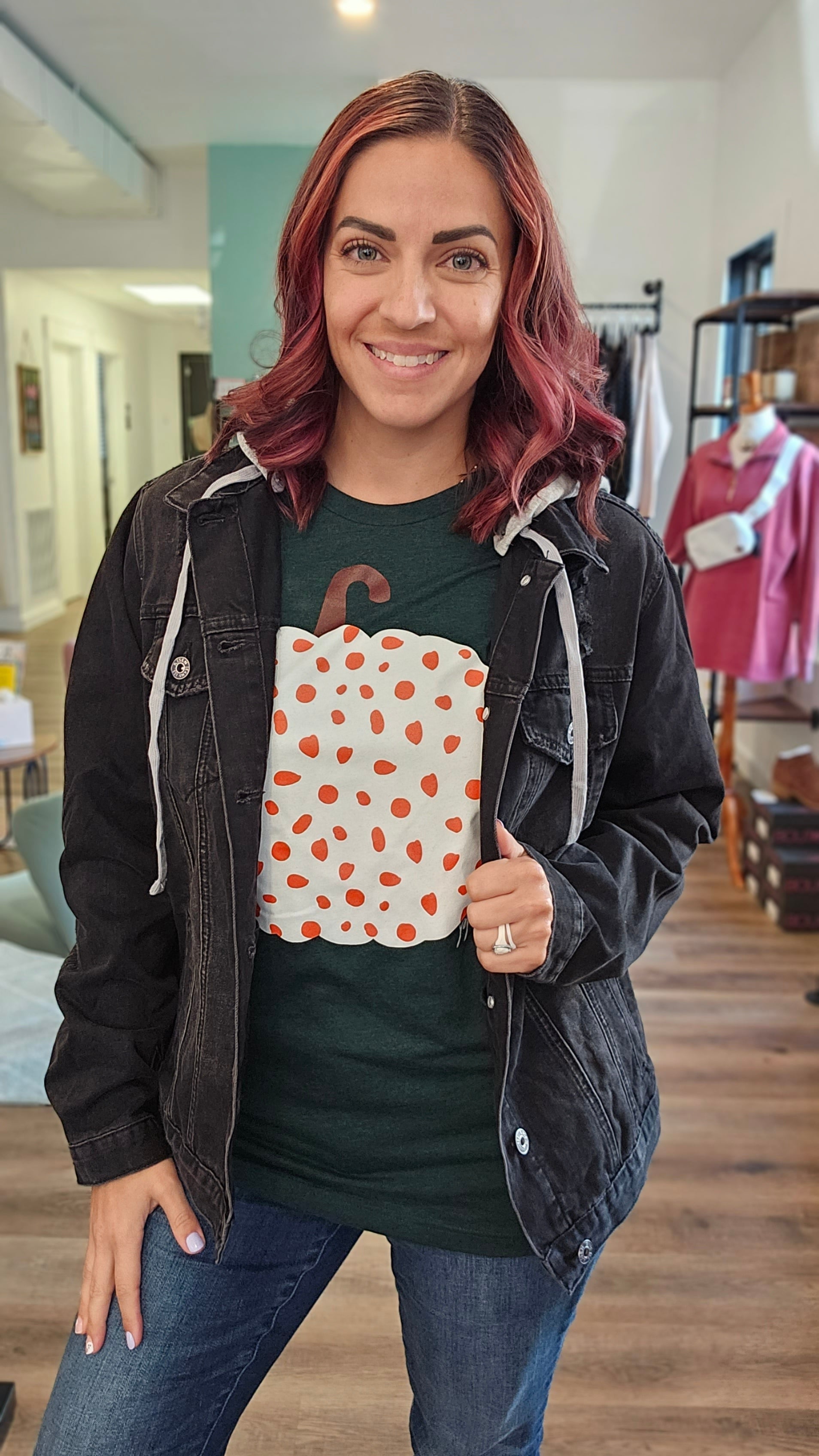 Shop Boho Spotted Pumpkin Tee-Graphic Tee at Ruby Joy Boutique, a Women's Clothing Store in Pickerington, Ohio