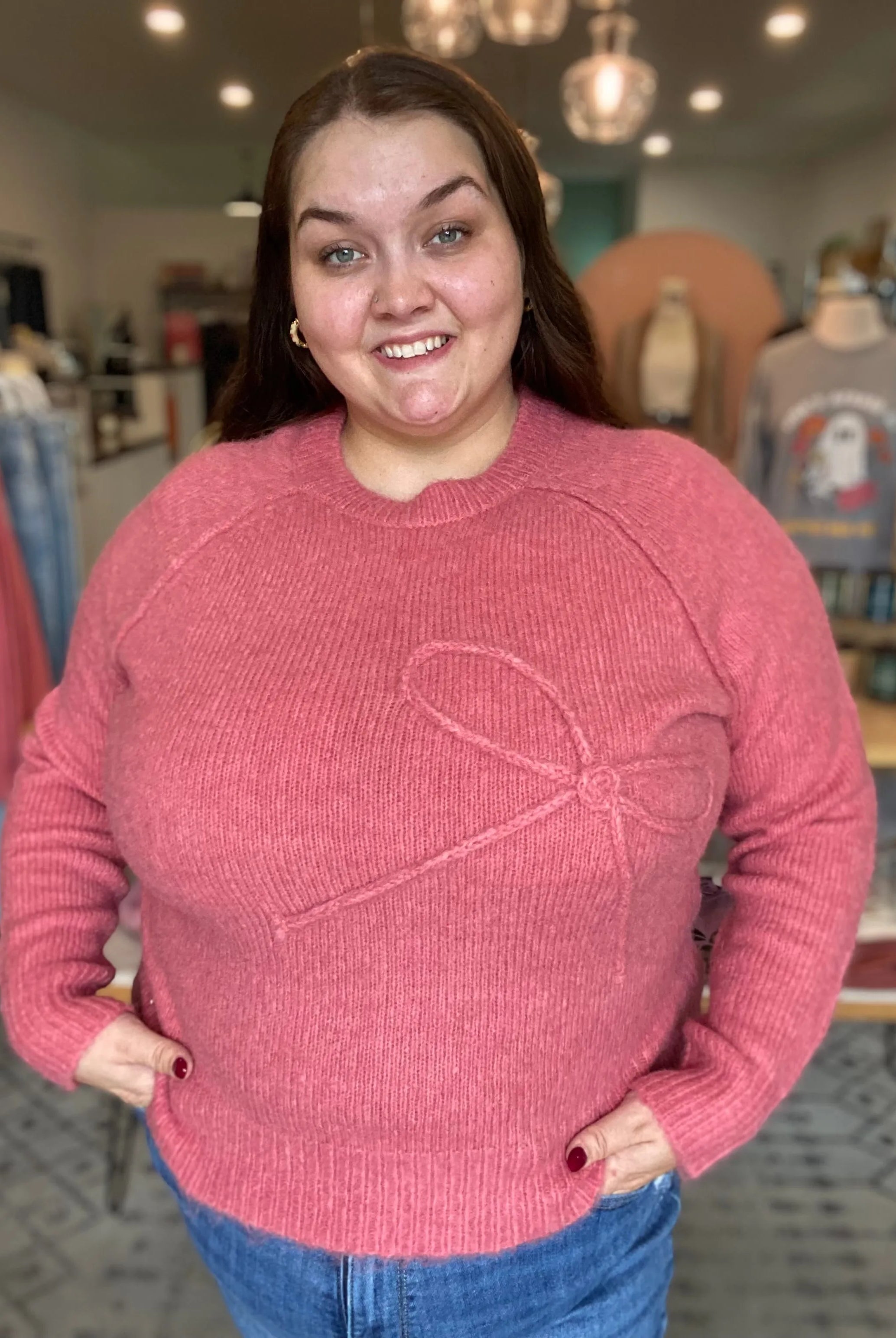 Shop Bow Embroidered Sweater - Rosy Pink- at Ruby Joy Boutique, a Women's Clothing Store in Pickerington, Ohio
