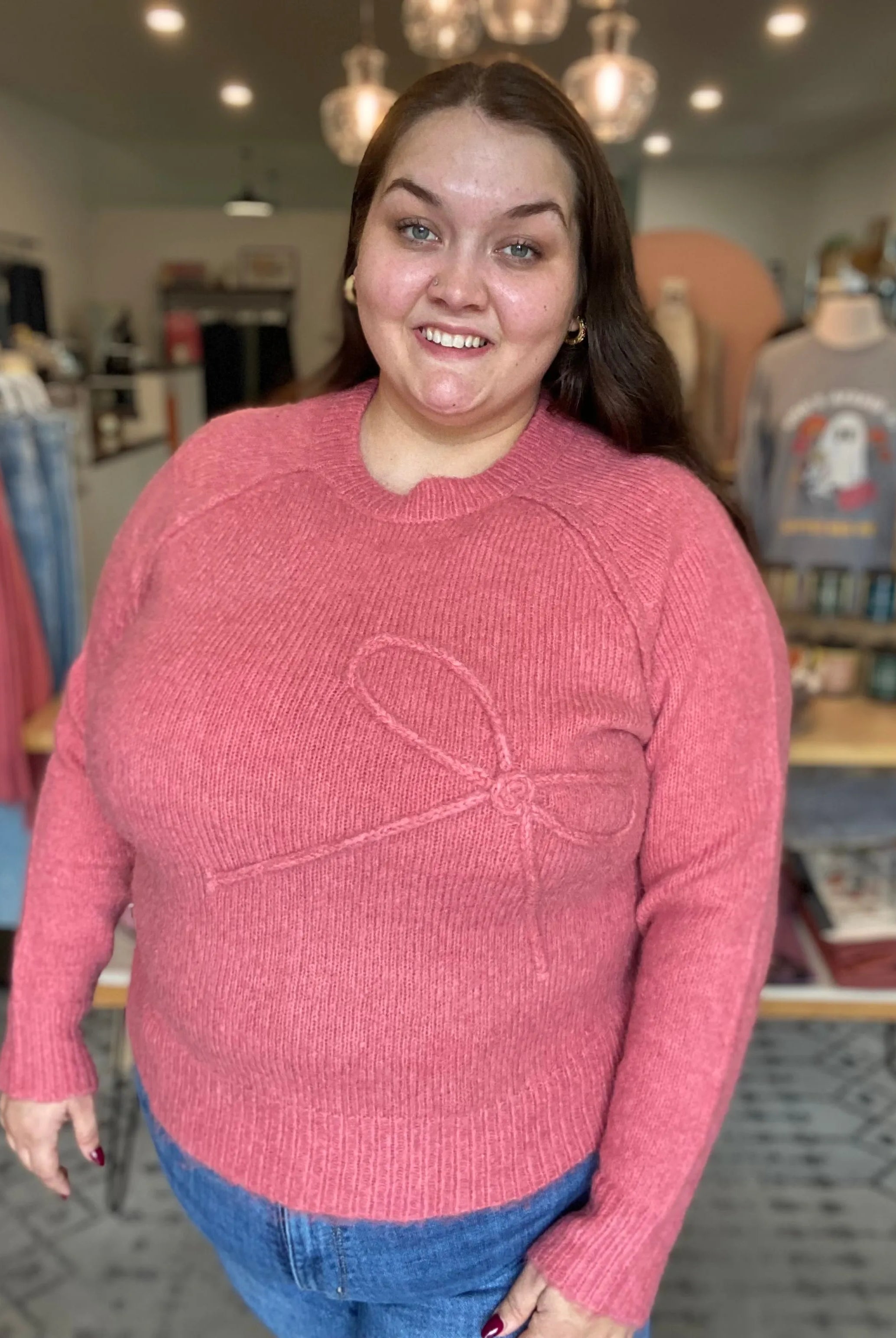Shop Bow Embroidered Sweater - Rosy Pink-XL at Ruby Joy Boutique, a Women's Clothing Store in Pickerington, Ohio