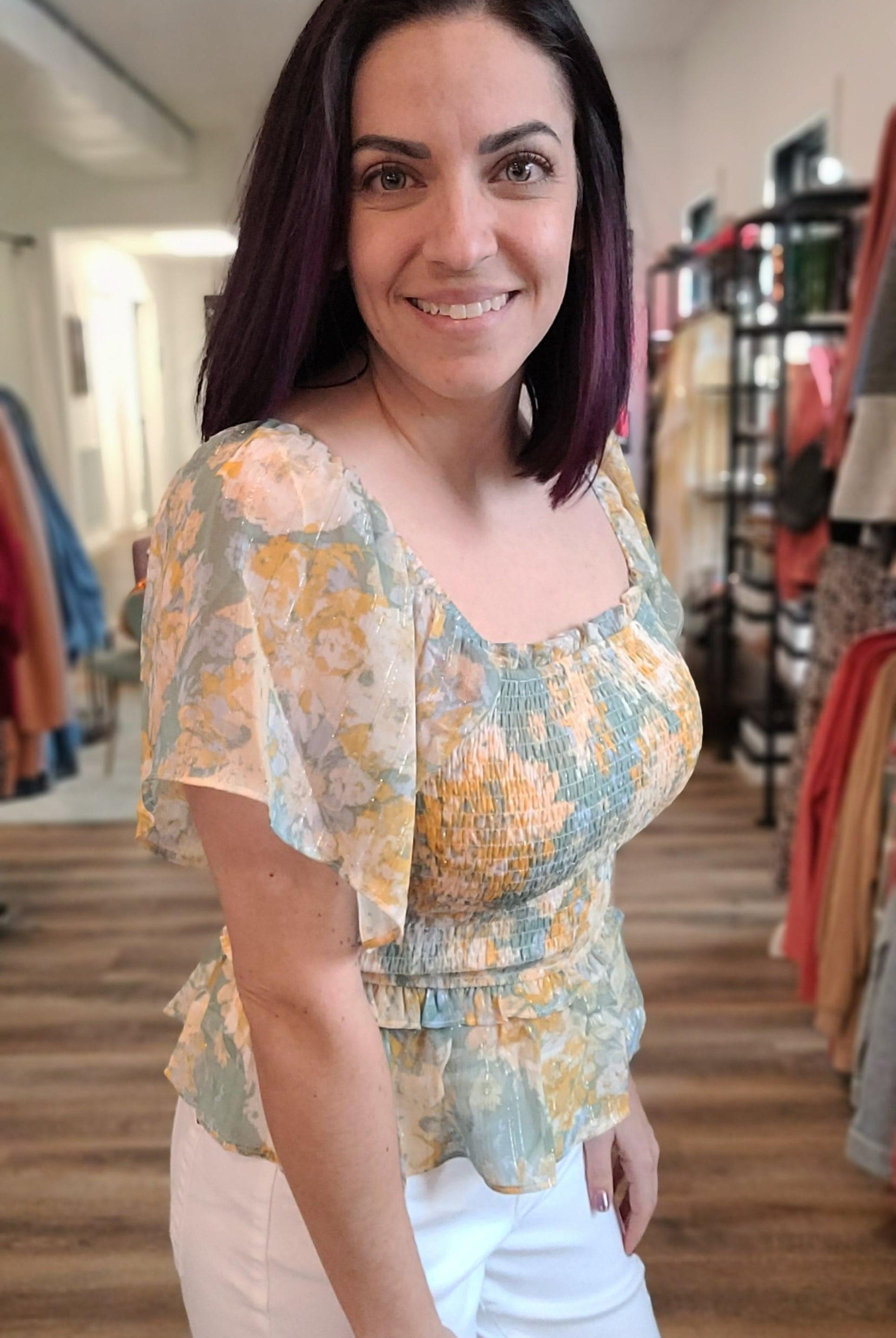 Shop Brielle Smocked Top-Blouse at Ruby Joy Boutique, a Women's Clothing Store in Pickerington, Ohio