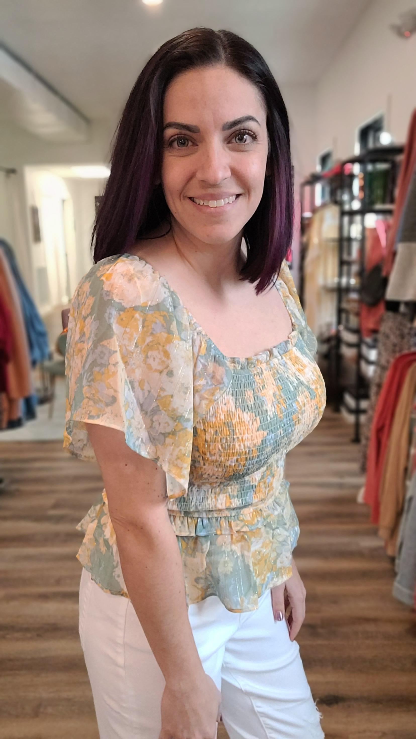 Shop Brielle Smocked Top-Blouse at Ruby Joy Boutique, a Women's Clothing Store in Pickerington, Ohio