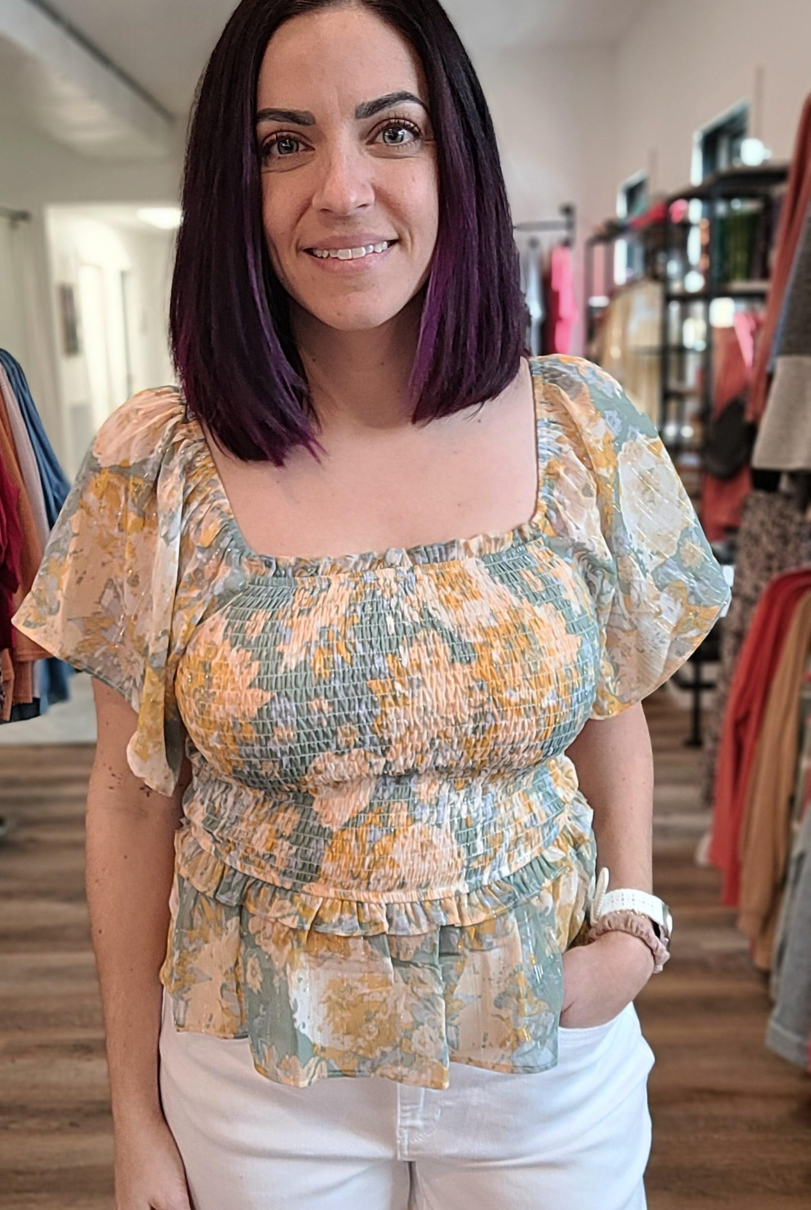 Shop Brielle Smocked Top-Blouse at Ruby Joy Boutique, a Women's Clothing Store in Pickerington, Ohio