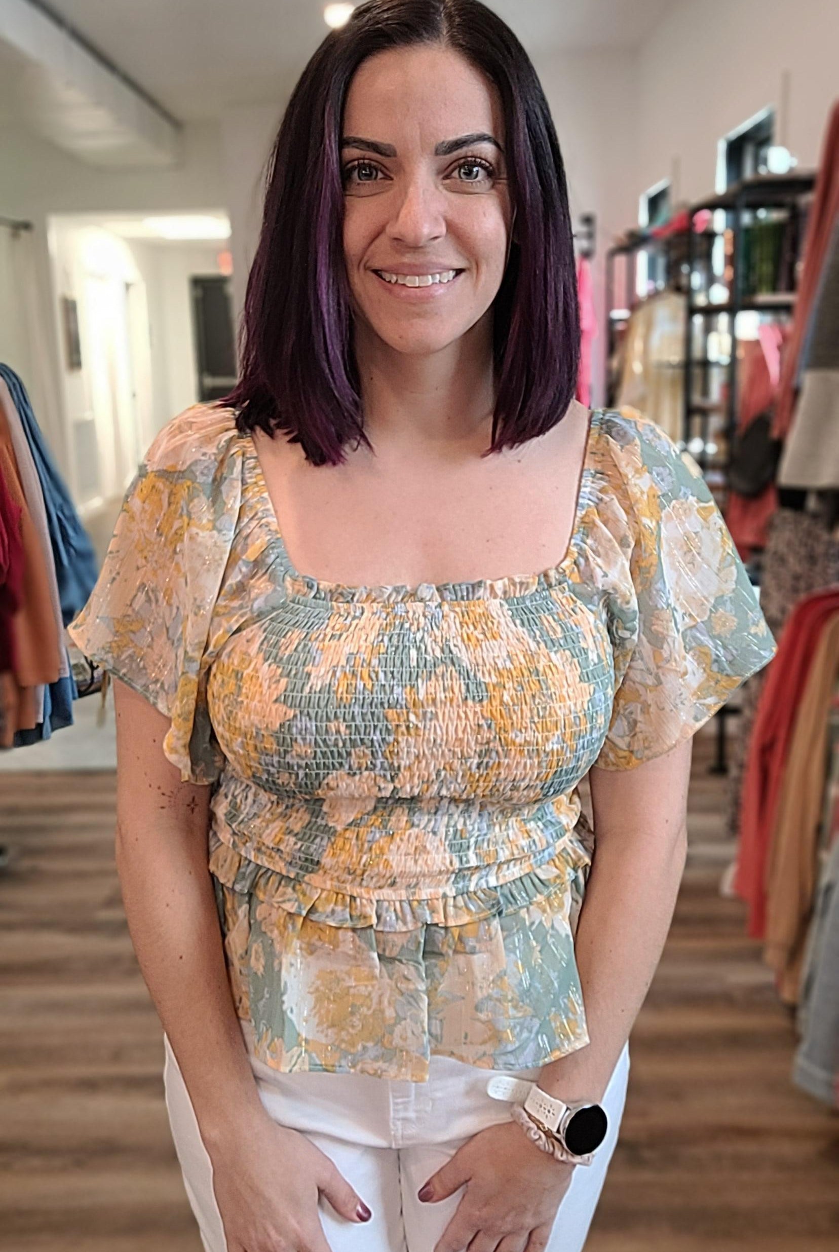 Shop Brielle Smocked Top-Blouse at Ruby Joy Boutique, a Women's Clothing Store in Pickerington, Ohio