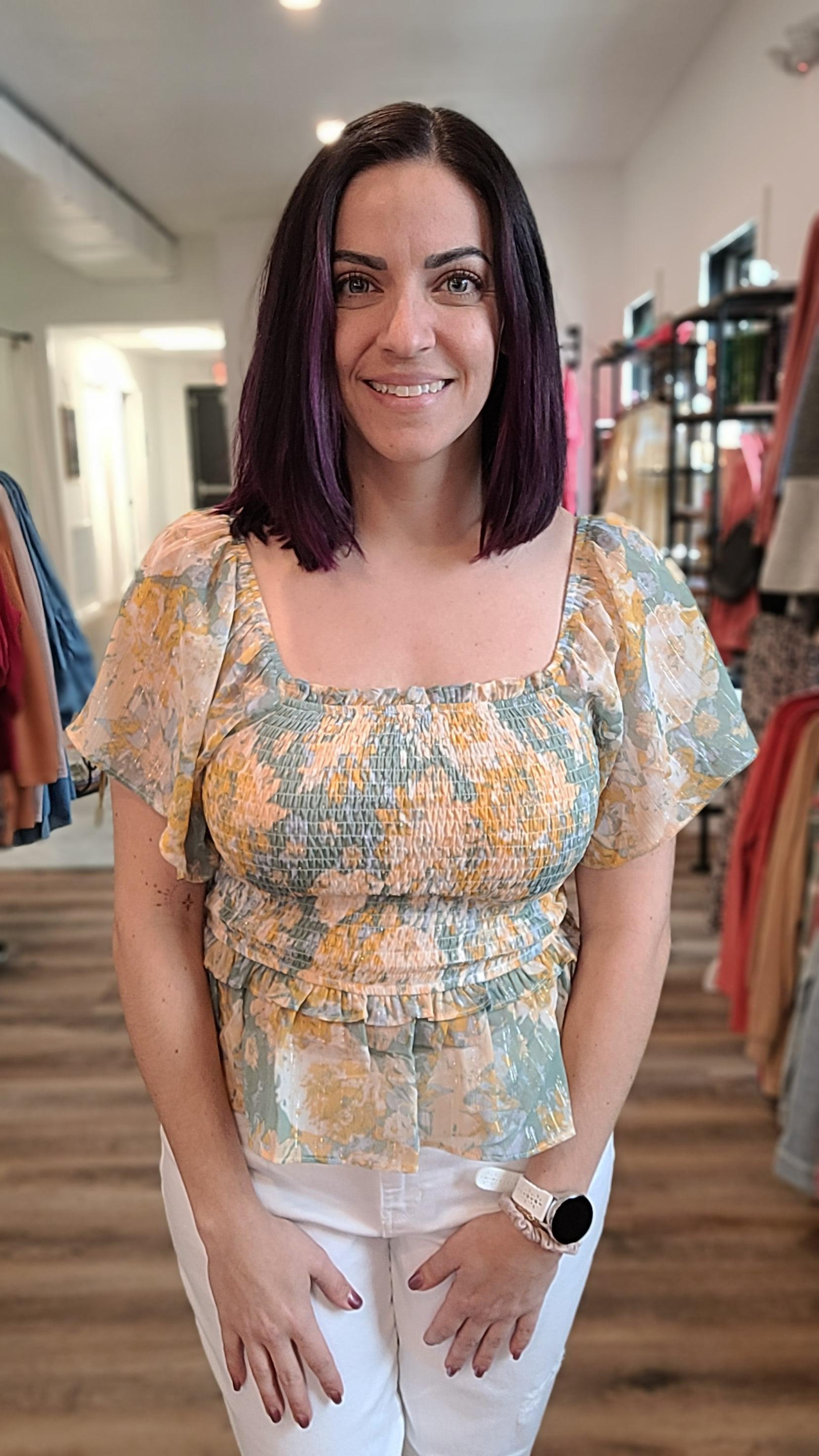 Shop Brielle Smocked Top-Blouse at Ruby Joy Boutique, a Women's Clothing Store in Pickerington, Ohio