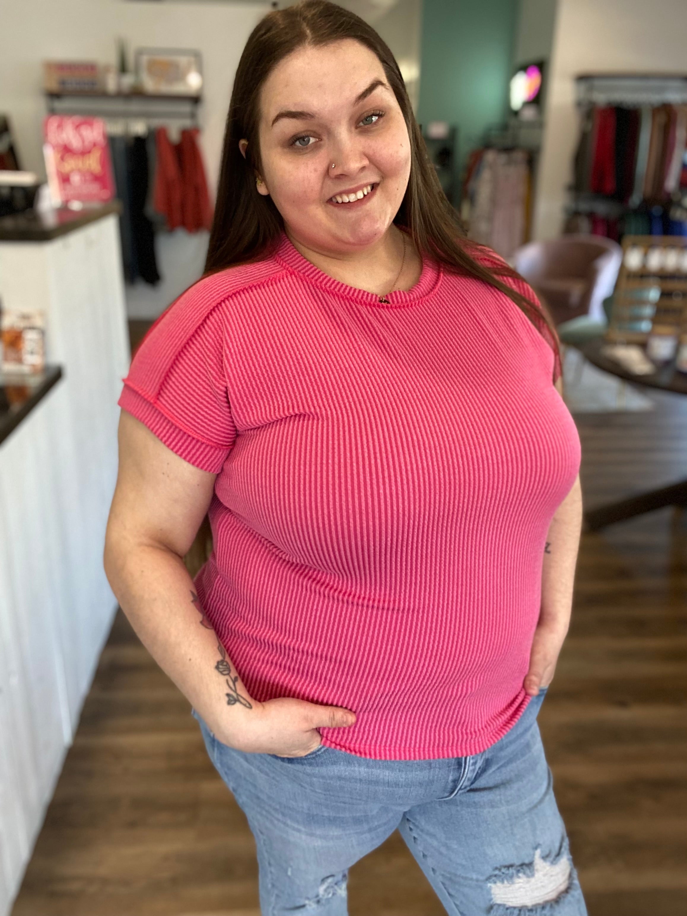 Shop Bright Pink Ribbed Tee-Shirts & Tops at Ruby Joy Boutique, a Women's Clothing Store in Pickerington, Ohio