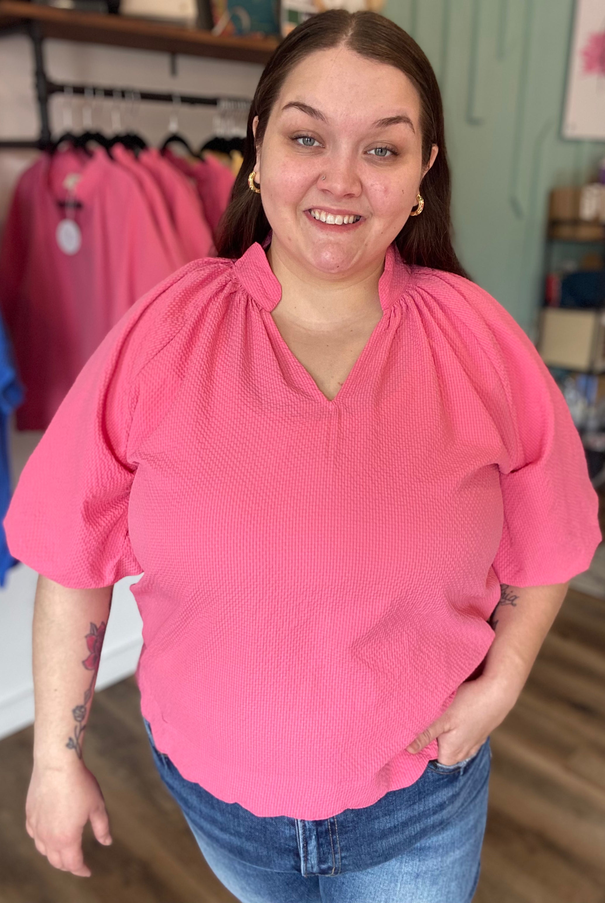 Shop Bubble Sleeved Scalloped Hem Top - Peony- at Ruby Joy Boutique, a Women's Clothing Store in Pickerington, Ohio