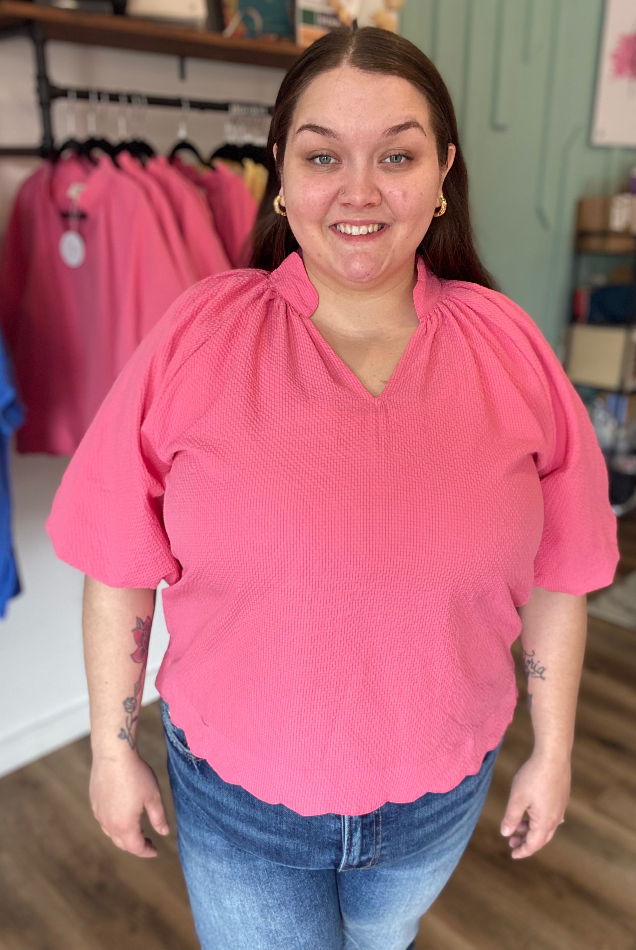 Shop Bubble Sleeved Scalloped Hem Top - Peony- at Ruby Joy Boutique, a Women's Clothing Store in Pickerington, Ohio