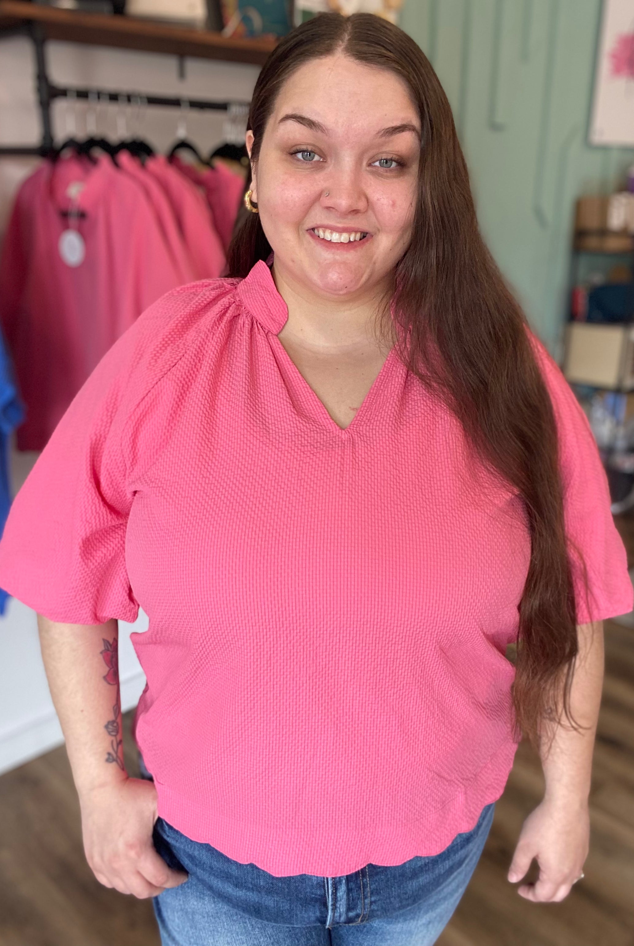 Shop Bubble Sleeved Scalloped Hem Top - Peony- at Ruby Joy Boutique, a Women's Clothing Store in Pickerington, Ohio