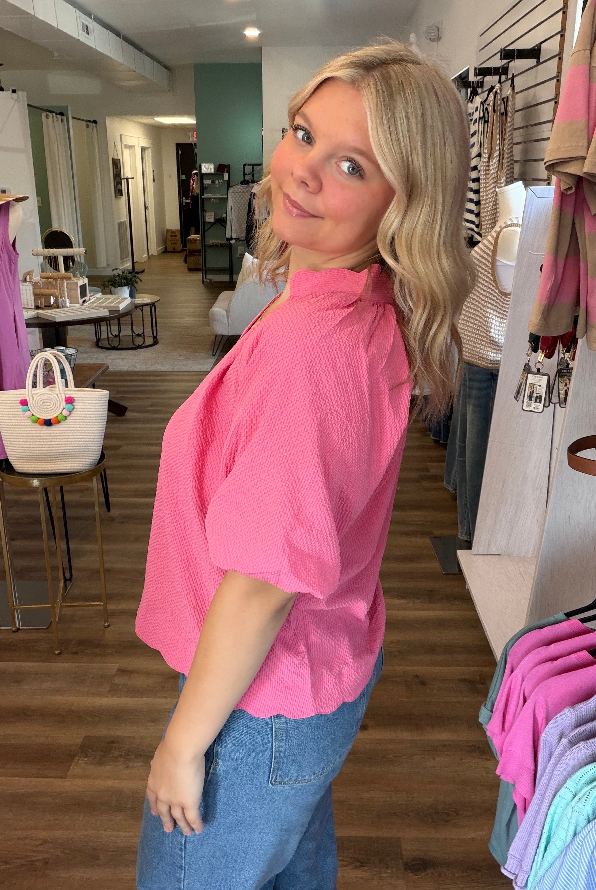 Shop Bubble Sleeved Scalloped Hem Top - Peony- at Ruby Joy Boutique, a Women's Clothing Store in Pickerington, Ohio