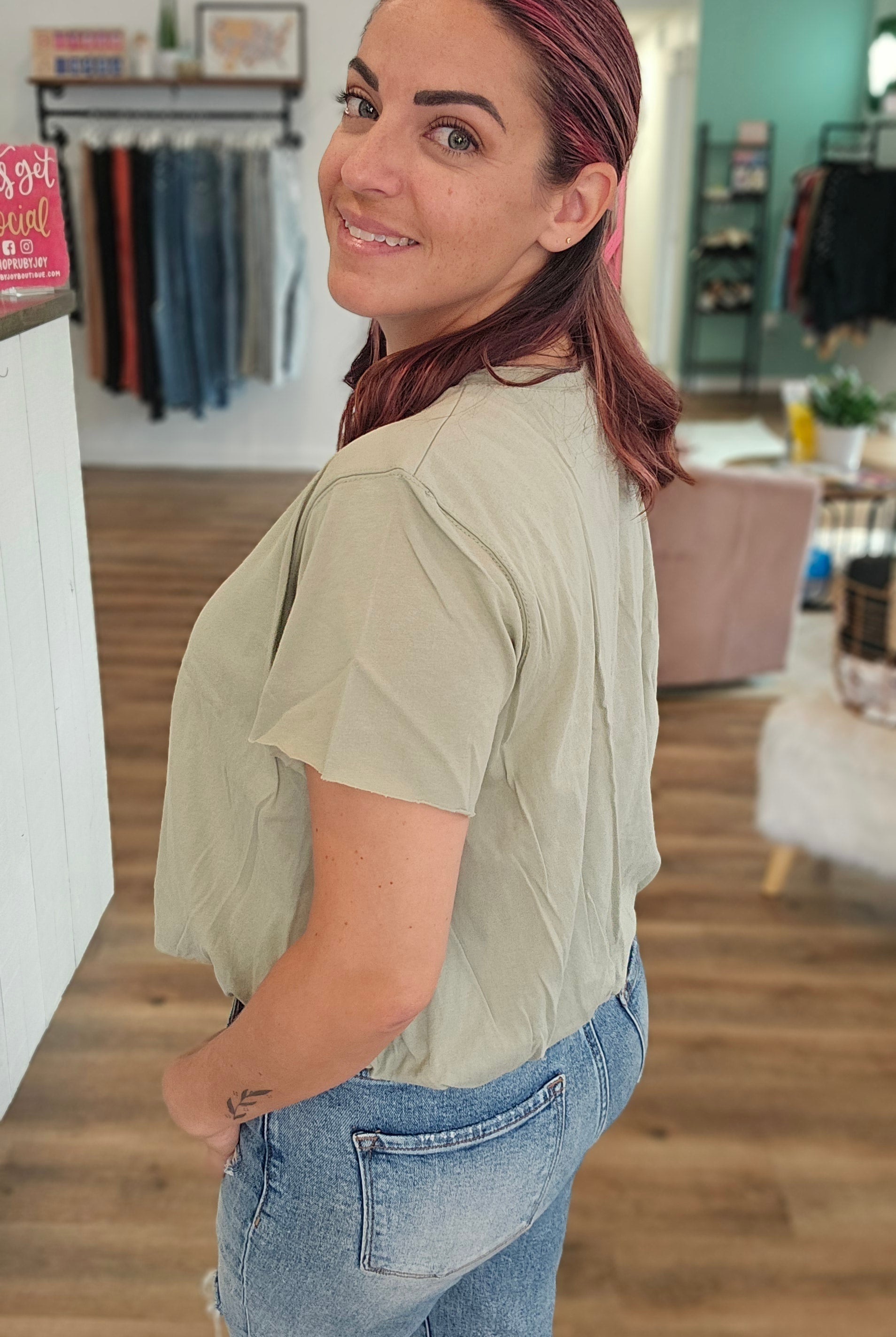 Shop Bubble Tee - Sage-Short Sleeve Top at Ruby Joy Boutique, a Women's Clothing Store in Pickerington, Ohio