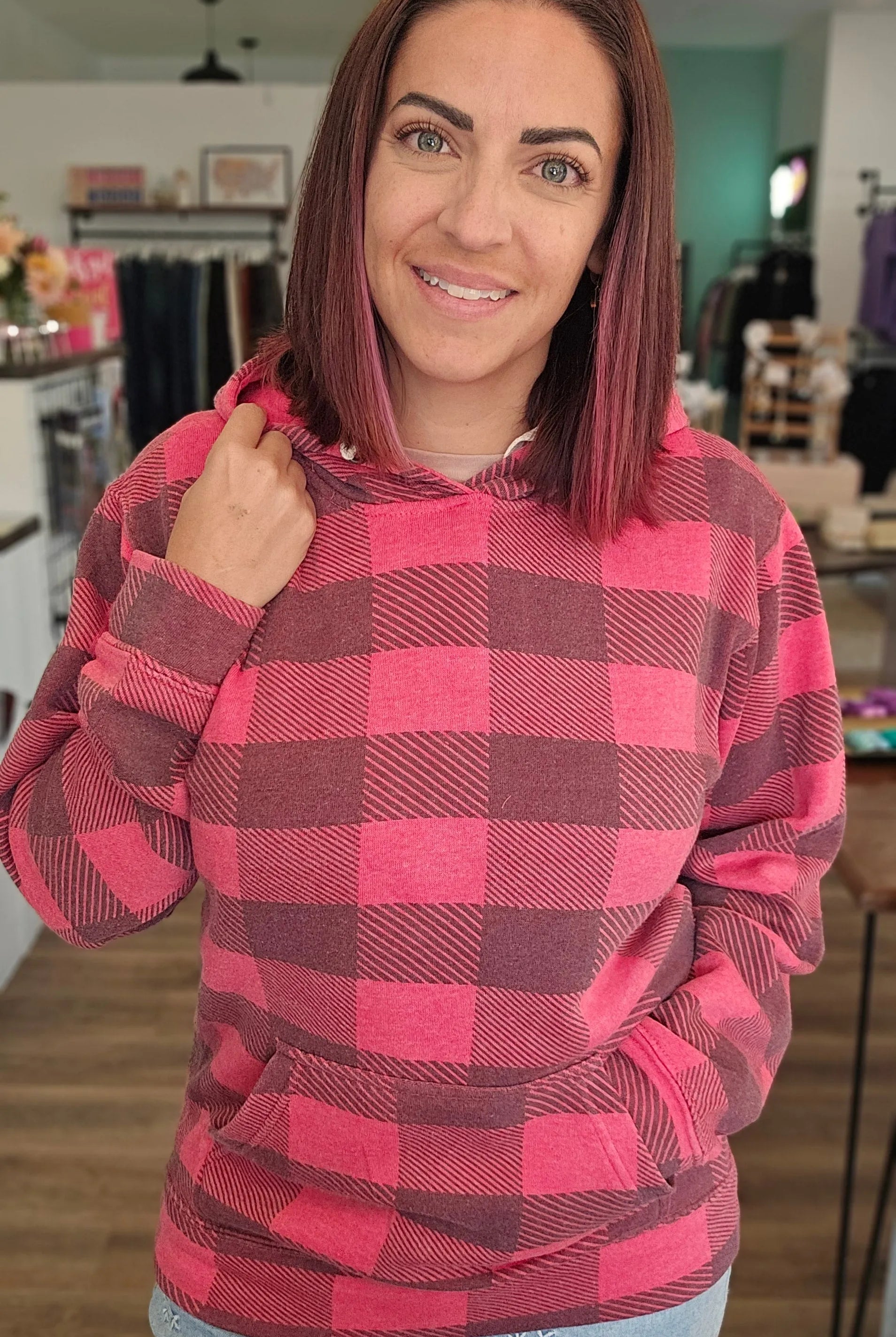Shop Buffalo Plaid Hoodie- at Ruby Joy Boutique, a Women's Clothing Store in Pickerington, Ohio
