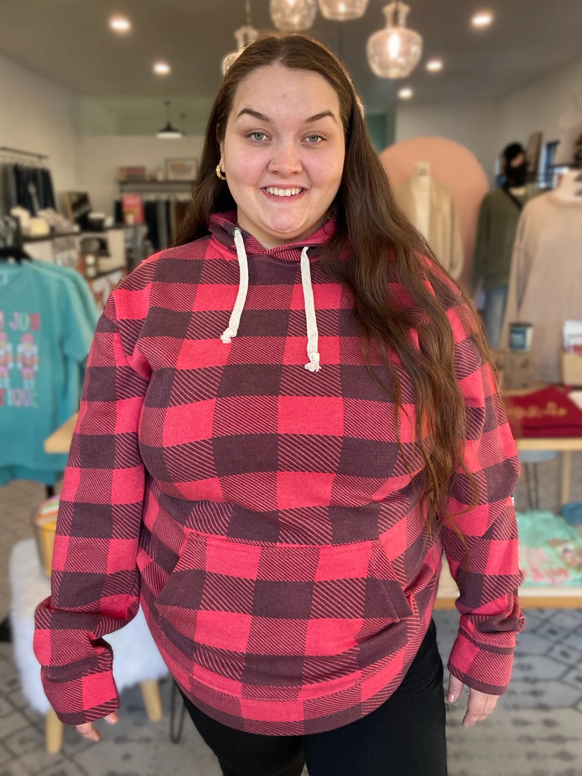 Shop Buffalo Plaid Hoodie- at Ruby Joy Boutique, a Women's Clothing Store in Pickerington, Ohio