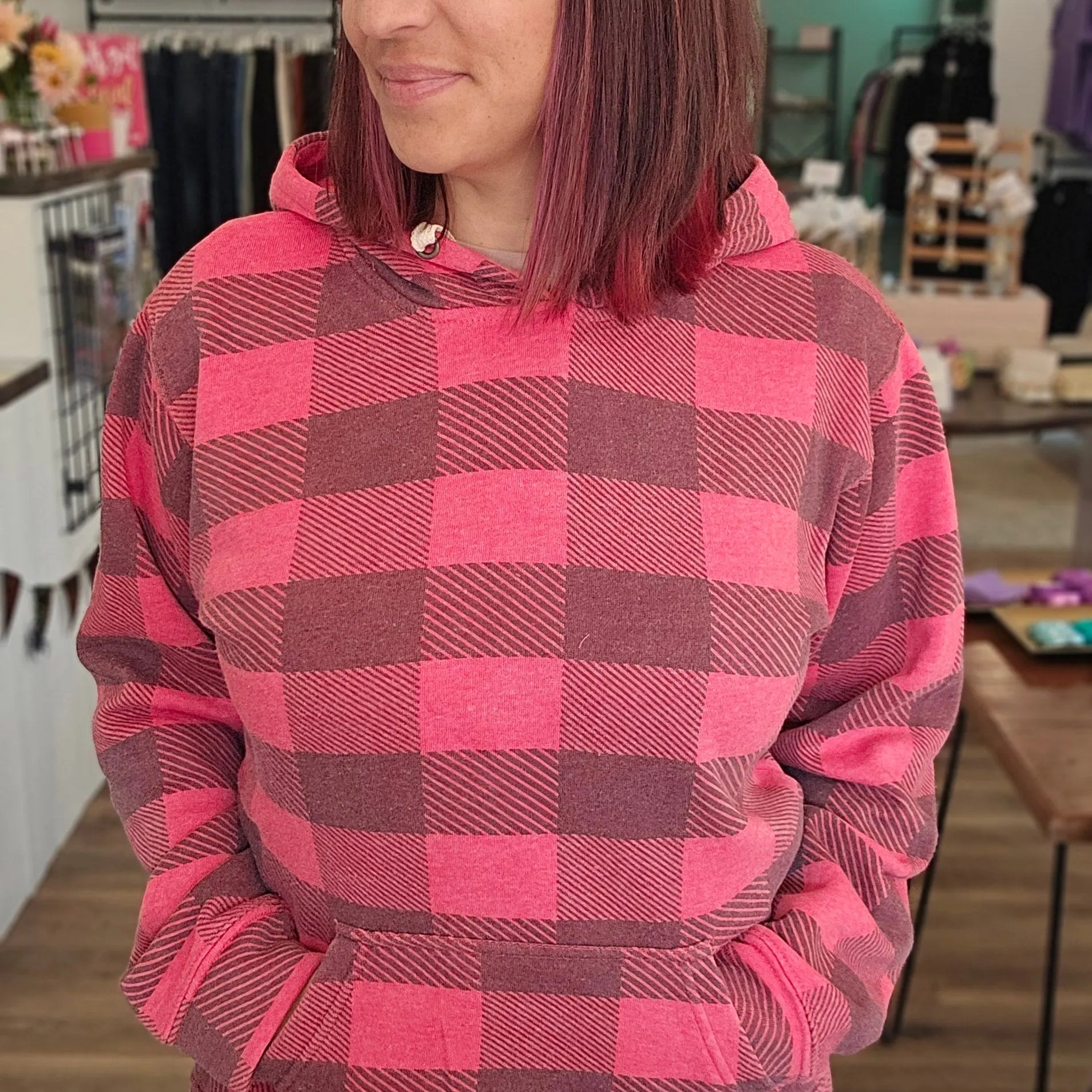 Shop Buffalo Plaid Hoodie- at Ruby Joy Boutique, a Women's Clothing Store in Pickerington, Ohio