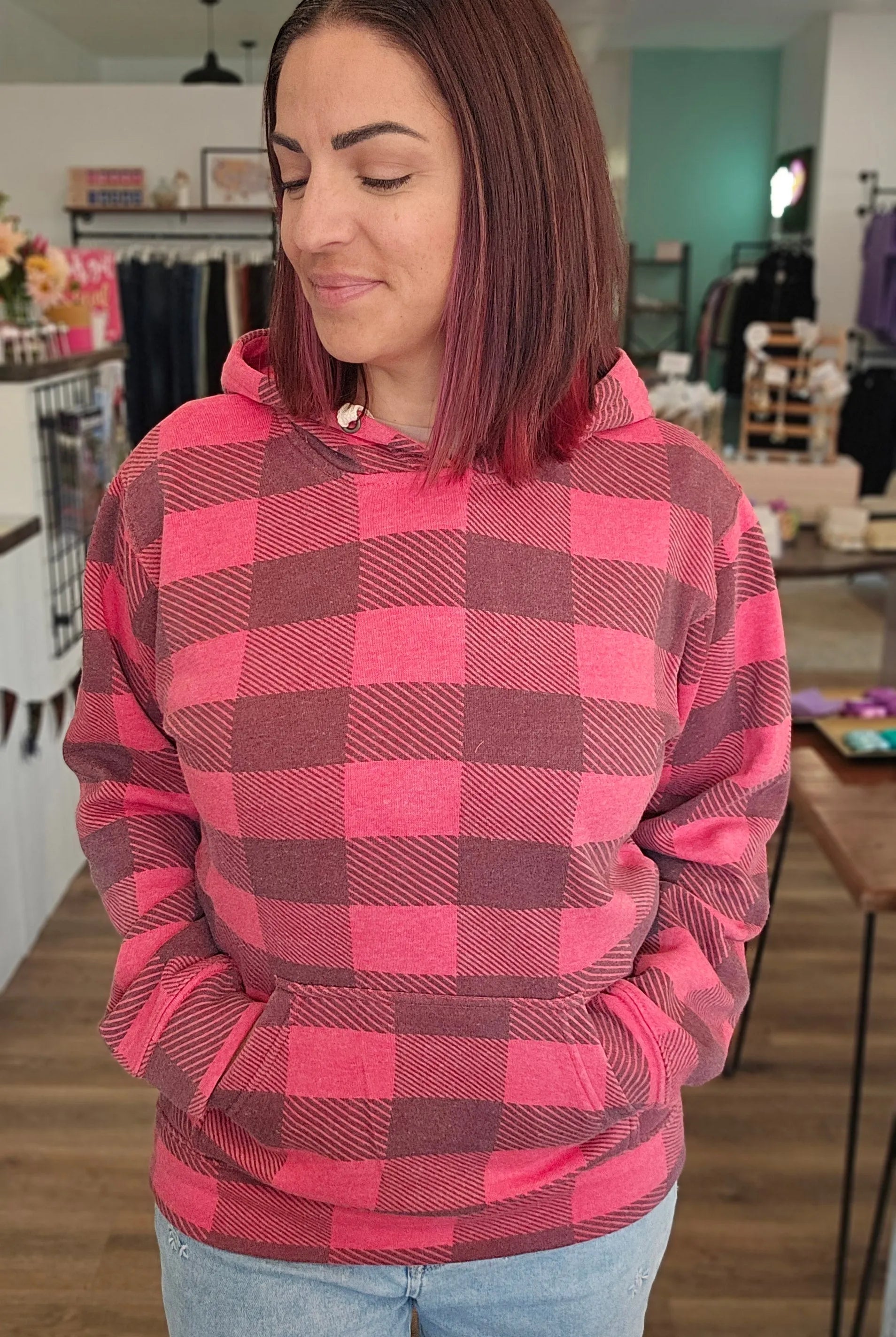Shop Buffalo Plaid Hoodie- at Ruby Joy Boutique, a Women's Clothing Store in Pickerington, Ohio