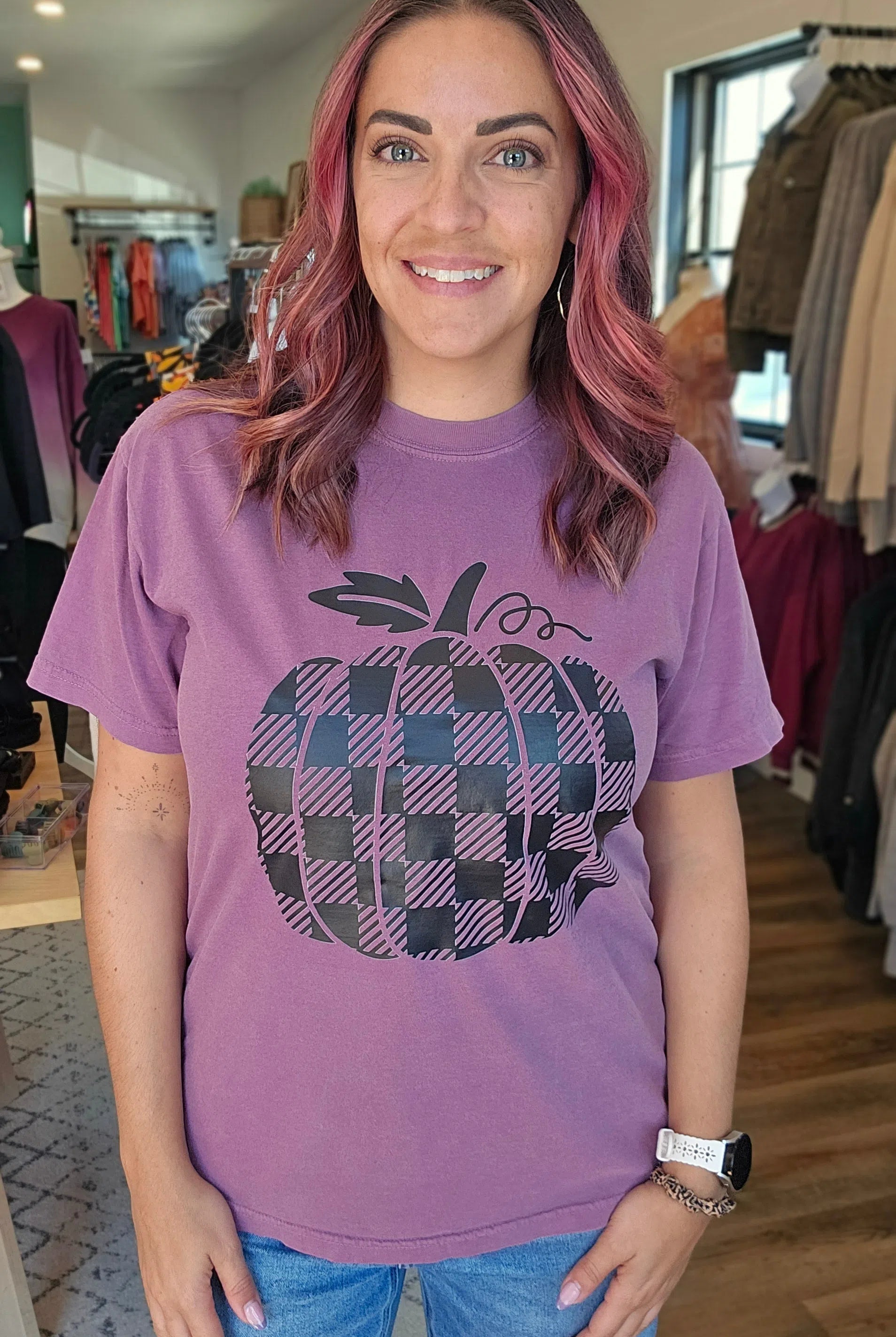 Shop Buffalo Plaid Pumpkin Graphic Tee-Graphic Tee at Ruby Joy Boutique, a Women's Clothing Store in Pickerington, Ohio