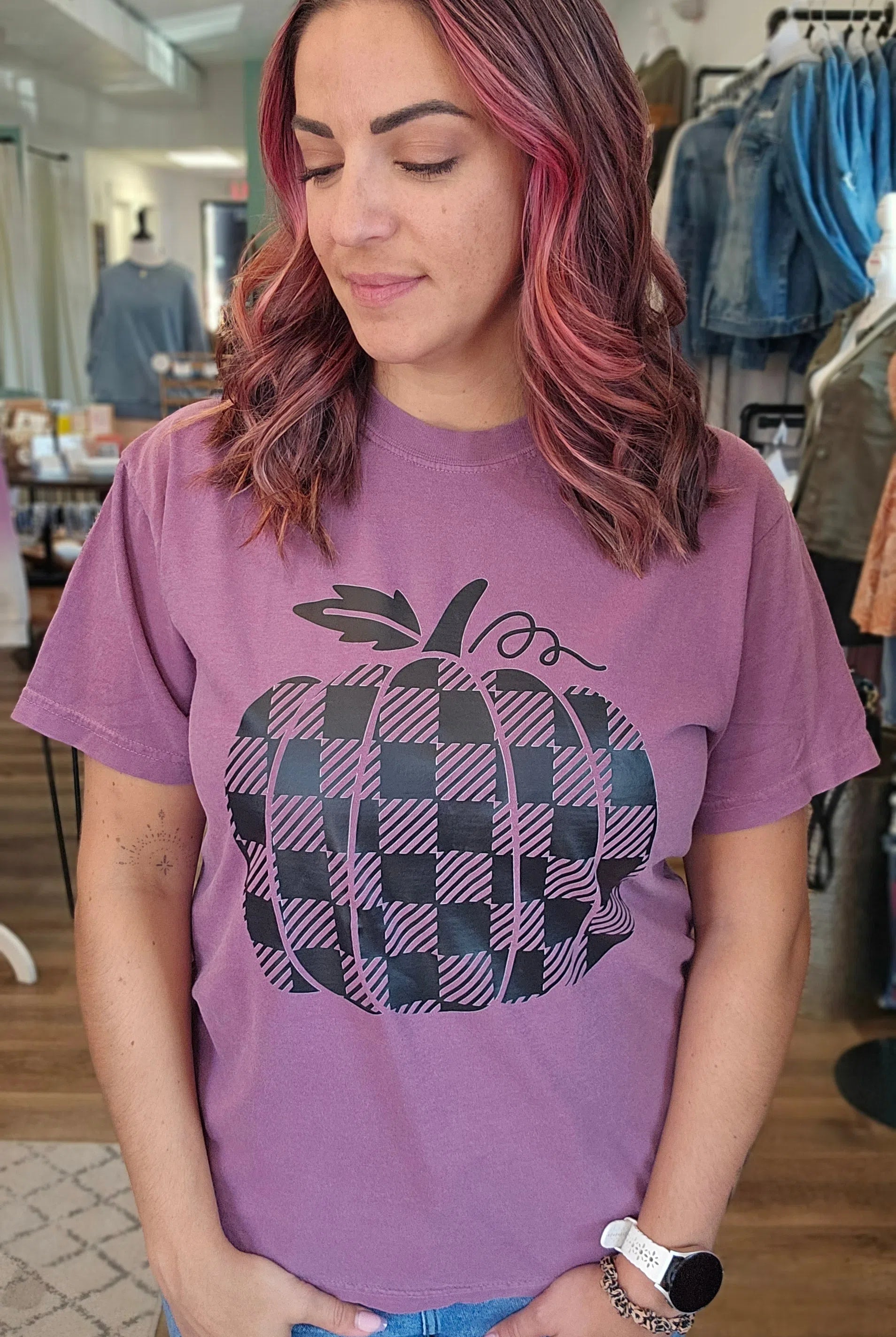 Shop Buffalo Plaid Pumpkin Graphic Tee-Graphic Tee at Ruby Joy Boutique, a Women's Clothing Store in Pickerington, Ohio