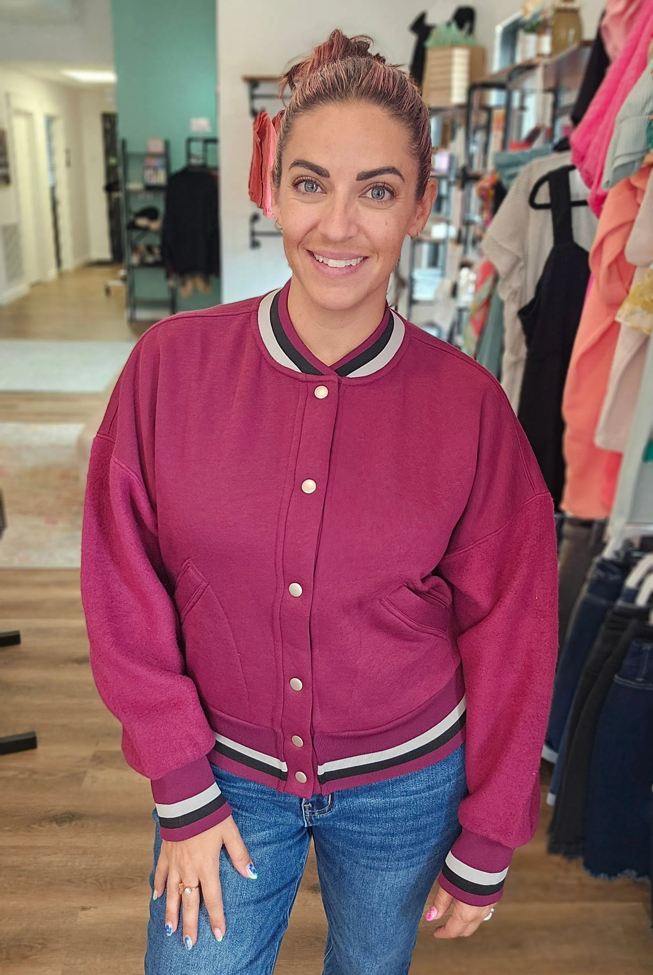 Shop Burgundy Varsity Bomber Jacket-Jacket at Ruby Joy Boutique, a Women's Clothing Store in Pickerington, Ohio